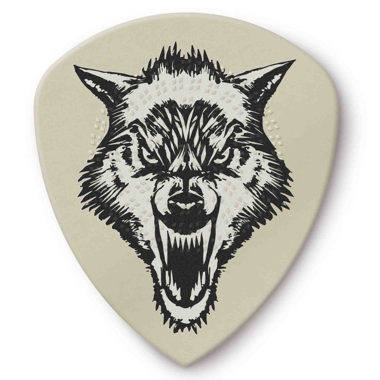 The image shows a guitar pick with a cream background featuring a detailed black illustration of a snarling wolf’s head. The wolf’s open mouth displays fangs, with pointed ears and an intense expression rendered in a woodcut style with bold lines and cross-hatching. This decorative pick combines practical use with a striking design popular among guitarists expressing themes of wildness, freedom, and strength.