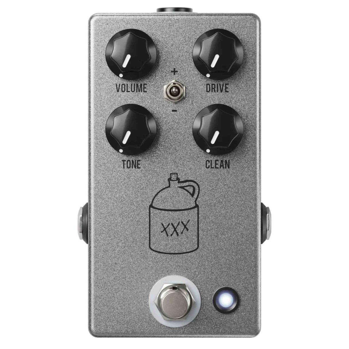 Gray JHS Moonshine V2 Overdrive pedal with black knobs and chrome foot switch. Graphic of a moonshine jug.