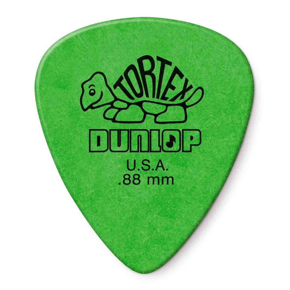 The image shows a bright green Dunlop Tortex guitar pick featuring the classic turtle logo with "TORTEX" on the shell, "DUNLOP," "U.S.A.," and ".88 mm" thickness. This medium-heavy pick is popular for its durability, grip, and matte finish. The green color indicates its thickness in Dunlop’s color-coded system, offering versatility for both rhythm and lead guitar playing.