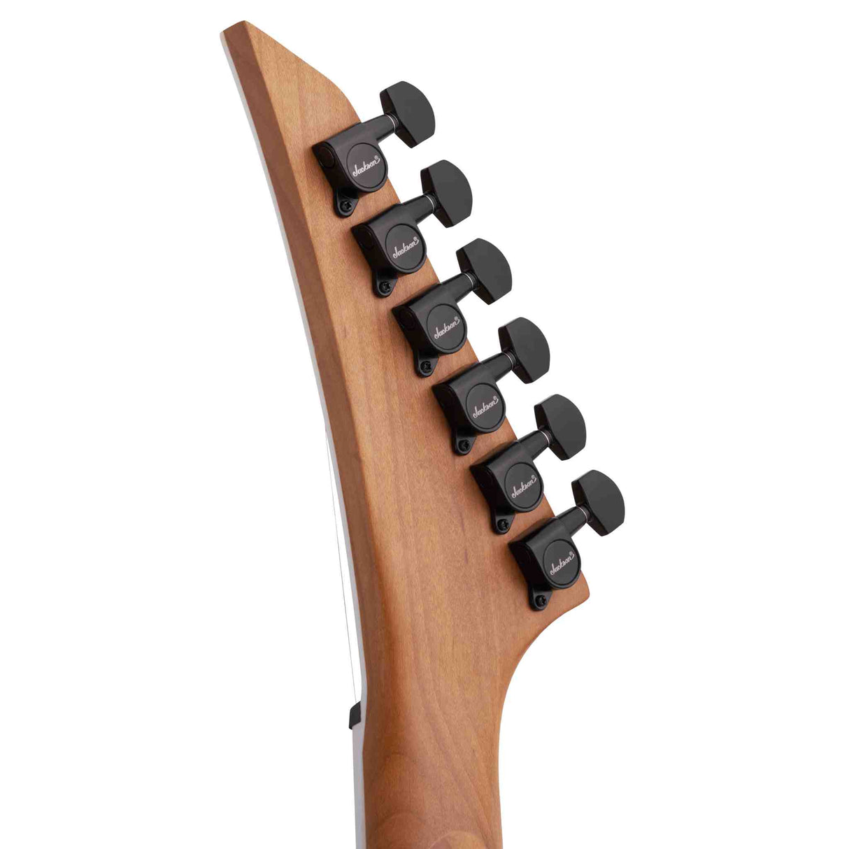 Close-up of the back of the headstock of a Jackson JS Series Dinky Arch Top JS24 DKAM electric guitar on a white background. The machine heads are black and have the white Jackson logo at the bases of all of them.