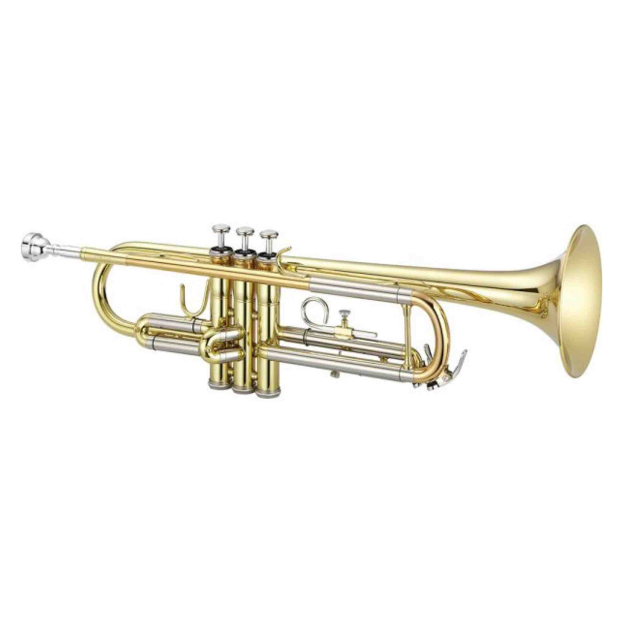 The image shows a brass B♭ trumpet with a bright golden lacquer finish. It features three piston valves with finger buttons, visible tuning and valve slides, a flared bell, a mouthpiece receiver, and the curved tubing typical of standard trumpets used in bands and orchestras. The instrument appears to be of professional or intermediate quality.
