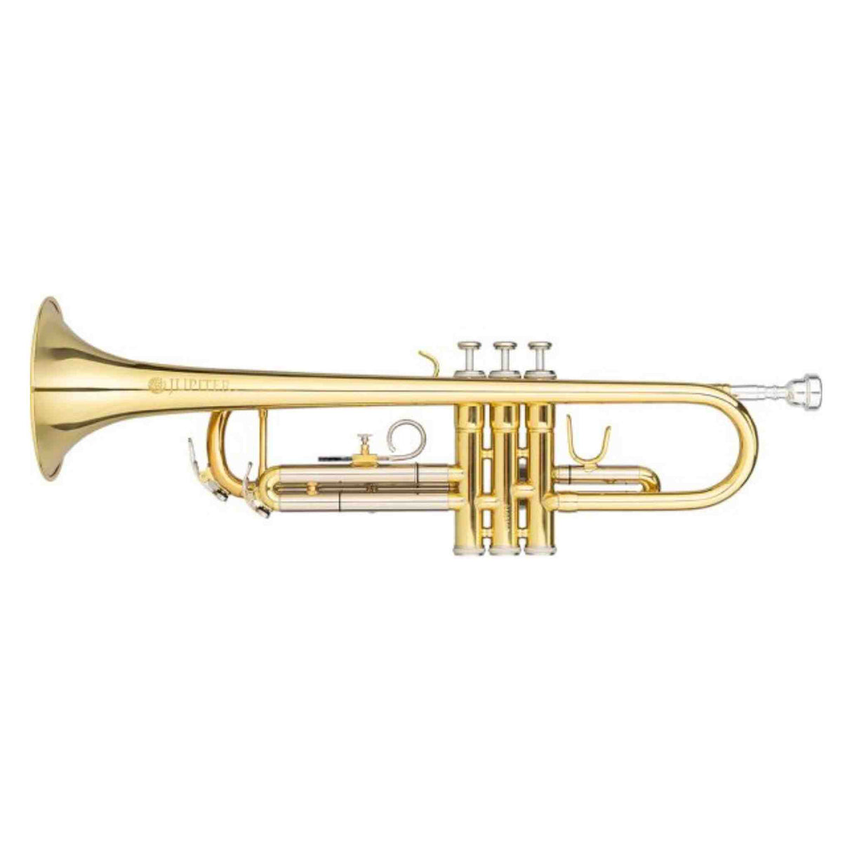 The image shows a polished brass trumpet with a bright gold finish. It features three piston valves with valve caps, a flared bell on the left, visible tuning and valve slides, a mouthpiece receiver on the right, and curved tubing typical of a B♭ trumpet. This classic wind instrument is in excellent condition and commonly used in bands, orchestras, jazz, and various musical genres.