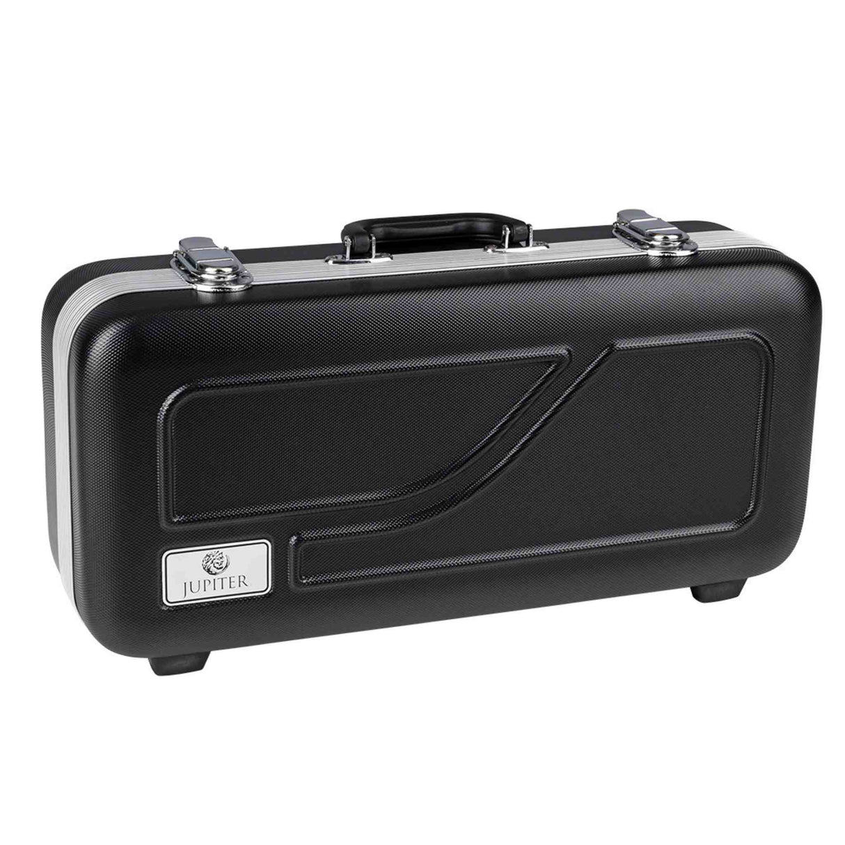 The image shows a professional hard-shell musical instrument case by Jupiter, featuring a black textured exterior, chrome latches, and an ergonomic handle. Its compact, angular design and size suggest it’s made for a trumpet, cornet, or similar brass instrument. The case offers durable molded construction, secure latches, and the Jupiter logo, providing essential protection for transporting and storing wind instruments.