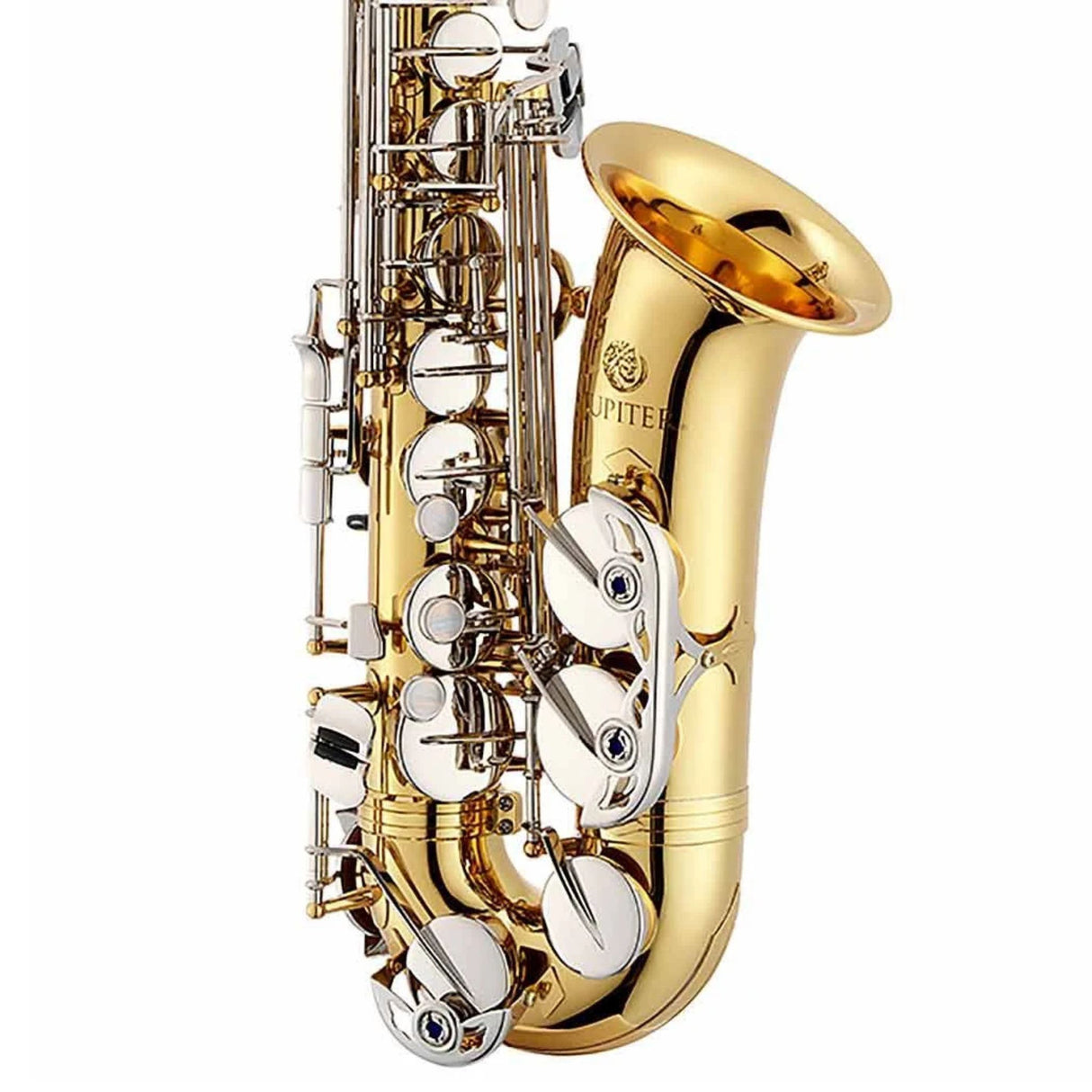 Gold saxophone with silver keys on a white background. Jupiter JAS710GNA E flat alto saxophone.