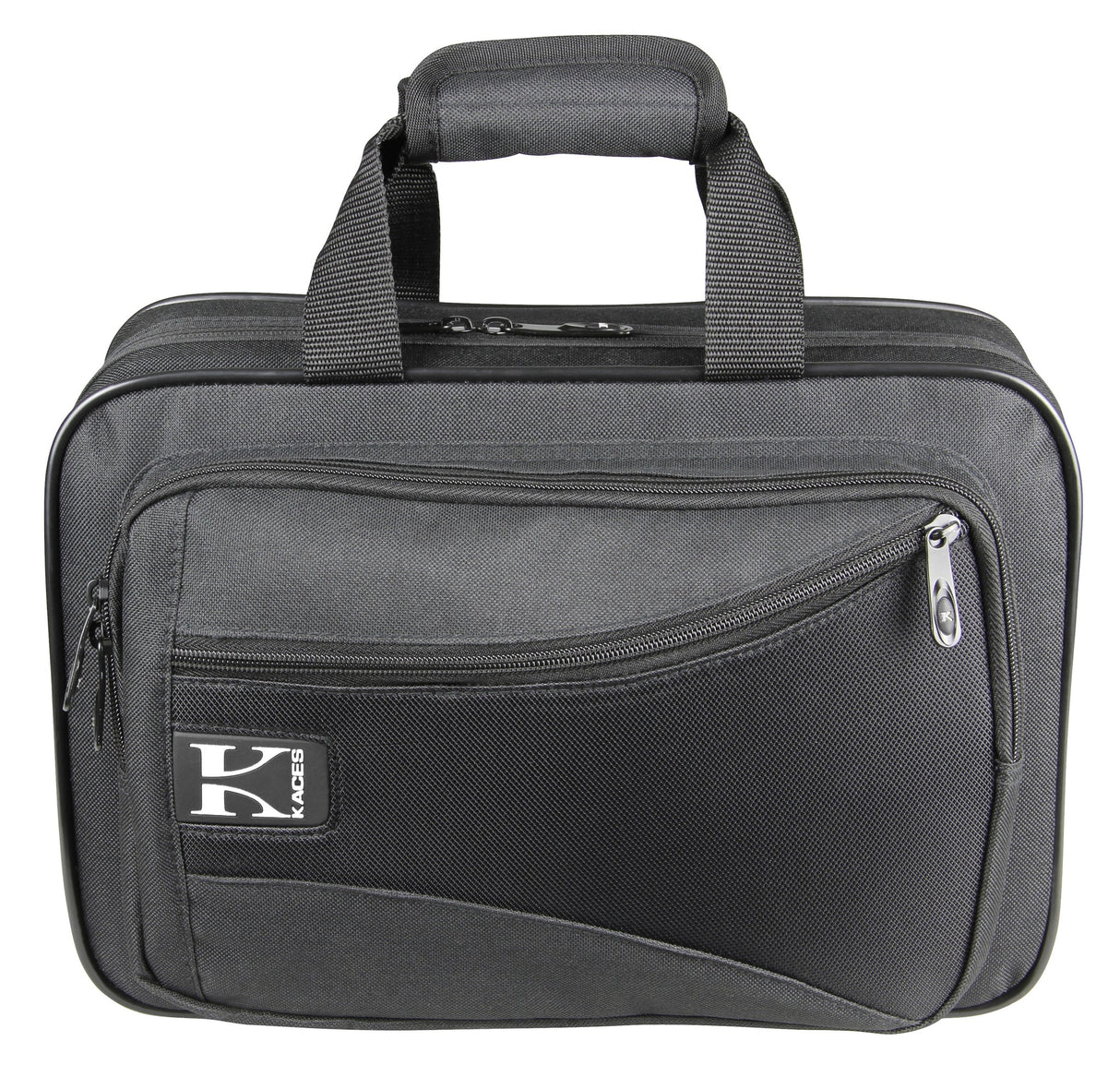 The image shows a durable gray soft-sided gig bag or musical instrument case with a padded handle, multiple zippered compartments, and reinforced edges. It features a "KACES" logo and a professional, utilitarian design. Sized for small keyboards, audio gear, wind instruments, or accessories, it offers lightweight, portable protection for musicians' equipment.