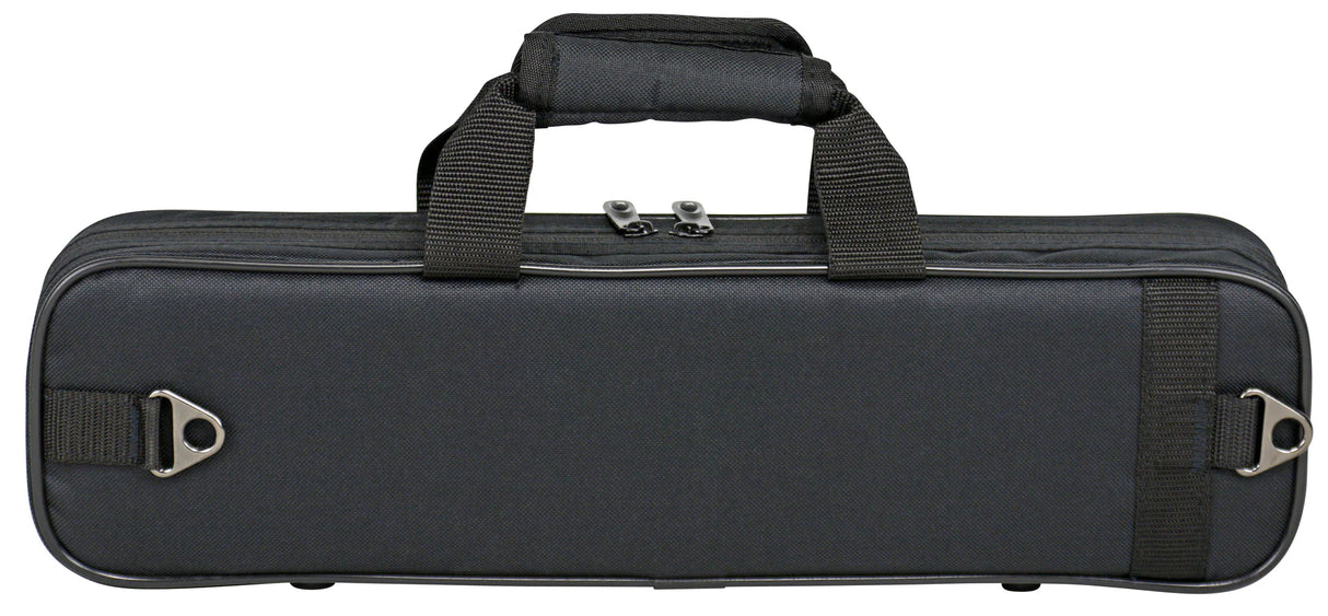 The image shows a black, rectangular soft case for a wind instrument, likely a flute. It has a zippered top, padded carrying handles, and a detachable shoulder strap with metal hardware. The case features reinforced construction, compact elongated shape, and durable fabric, providing lightweight protection and portability for delicate instruments, suitable for students and professionals.