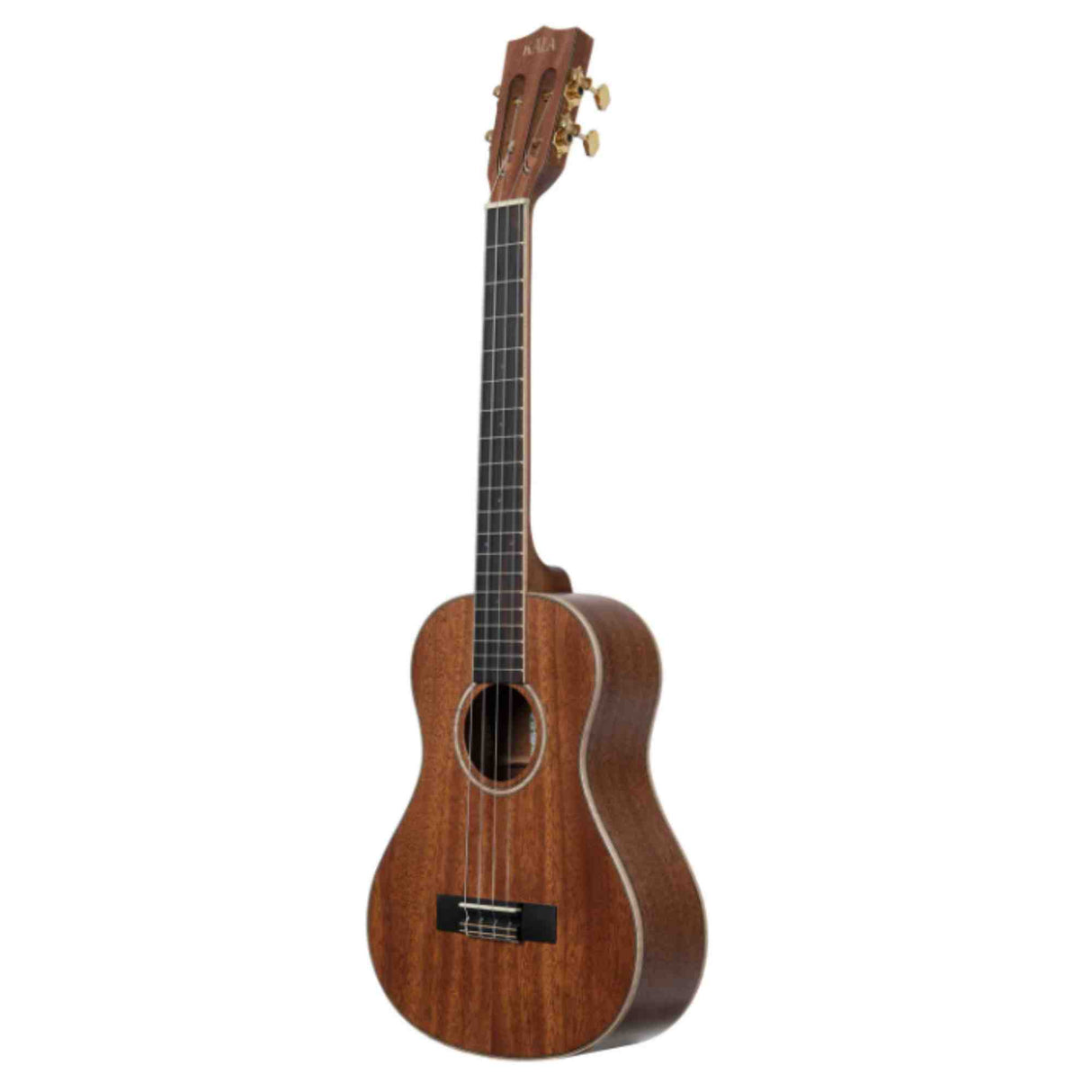 The image shows a concert or tenor ukulele with a classic figure-8 wooden body in a warm reddish-brown finish. It has four strings, a circular sound hole, a dark fretboard with markers, and gold-colored tuning pegs. The bridge anchors the strings near the body’s bottom. Made likely of mahogany, the well-crafted instrument suits both beginners and experienced players, known for its bright, cheerful sound popular in Hawaiian and folk music.