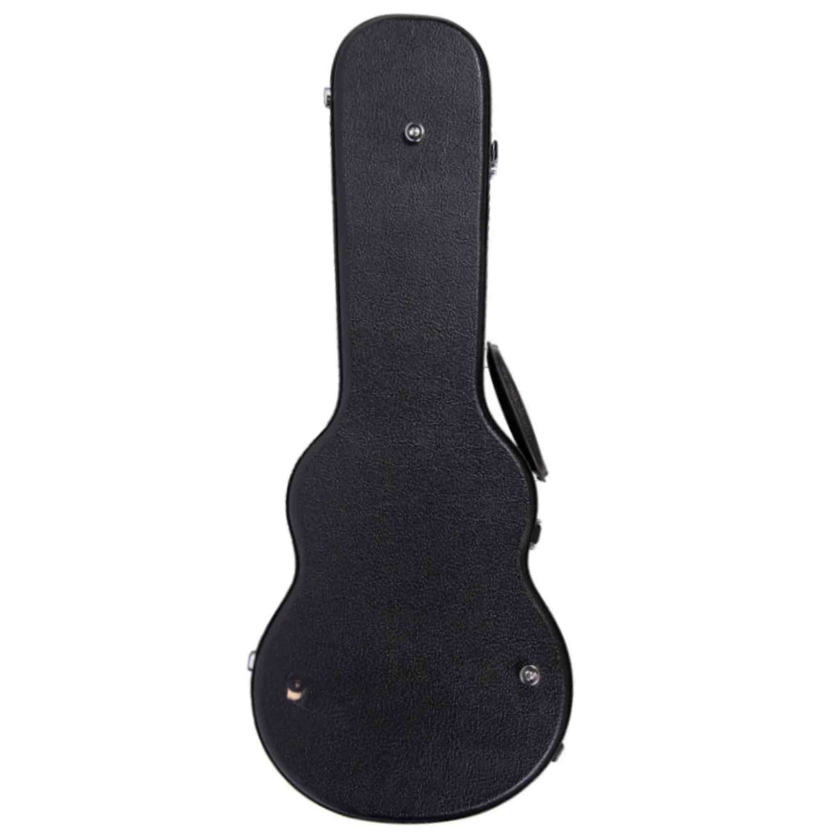 The image shows a black hardshell guitar case with a classic guitar shape, featuring a narrow neck and wider body section. It has a textured exterior, metal latches for secure closure, a side carrying handle, and metal studs or rivets for reinforcement. Designed for maximum protection, it offers superior security and durability compared to soft gig bags.