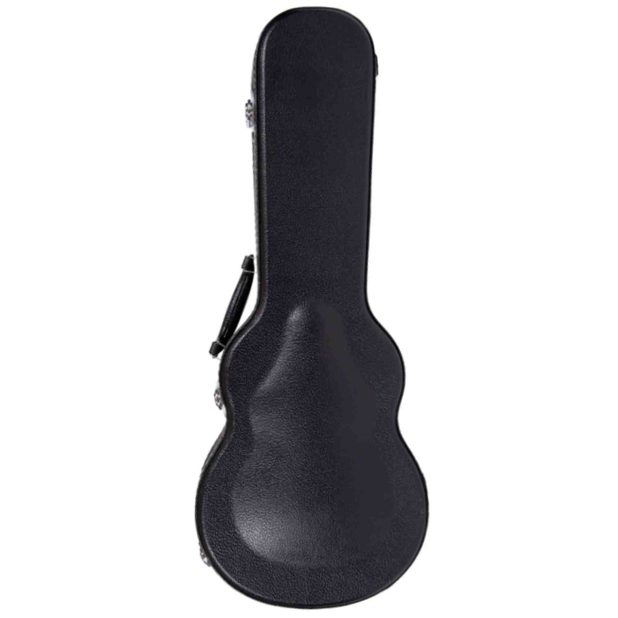 The image shows a black, textured hard guitar case with a molded shell, metal latches, and a side handle. It is shaped to fit a guitar's body and neck, providing strong protection against impacts and weather. This sturdy case is essential for safely transporting guitars and is widely used by both amateur and professional musicians.