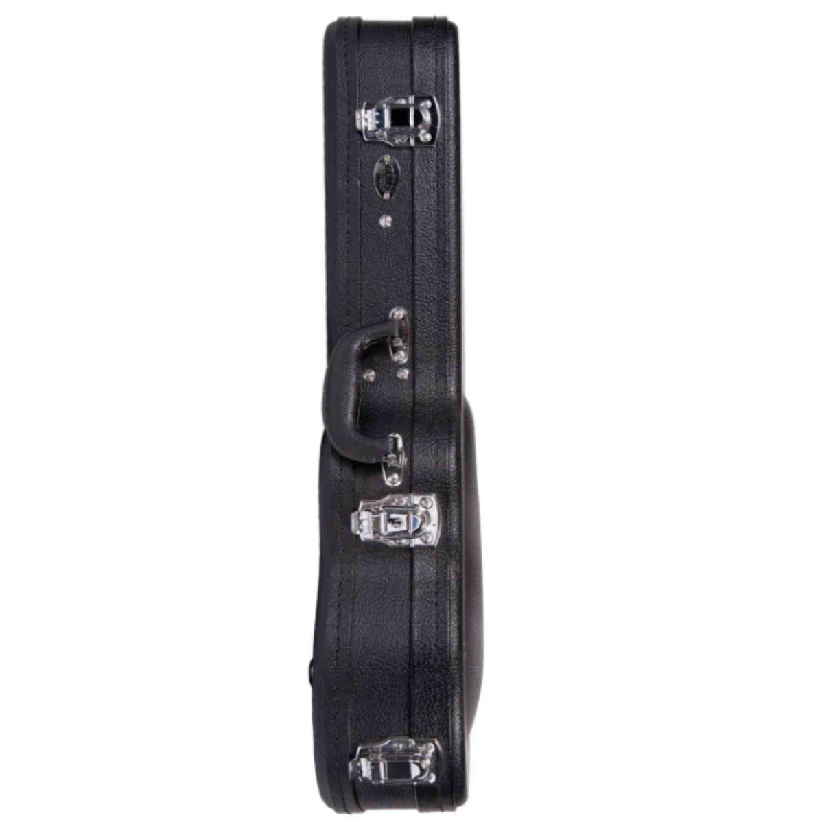 The image shows a black hard shell case for a small stringed instrument like a violin, viola, or mandolin. It has a textured exterior, multiple silver metal latches, a side carrying handle, and a sturdy build. The case’s elongated rectangular shape and secure closures provide essential protection for safely transporting the instrument.