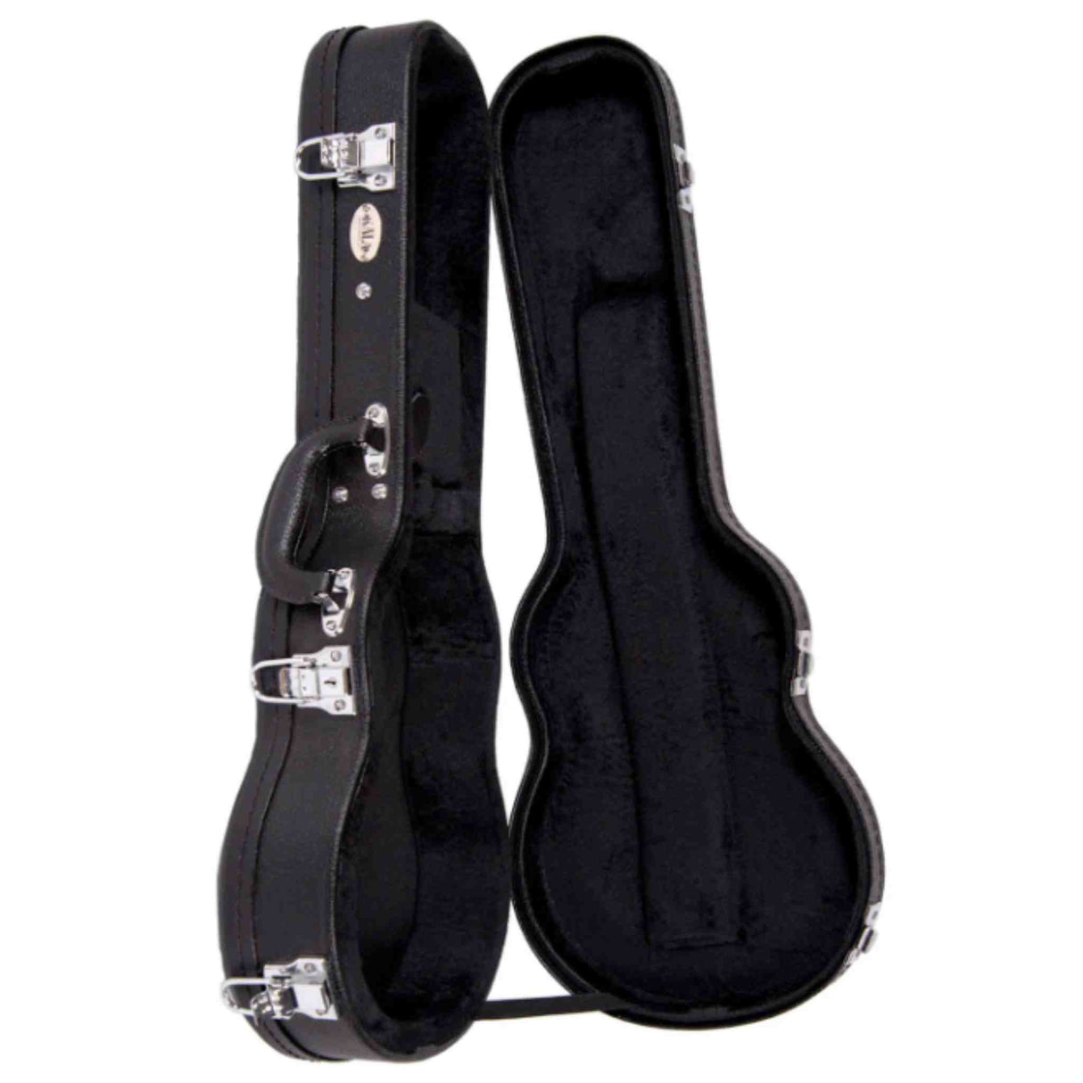 The image shows a black hard shell guitar case for an acoustic guitar, featuring a sleek exterior, multiple silver latches, a side handle, and a plush black interior with custom-molded compartments. The case is open, highlighting its protective design that safeguards instruments from impacts and environmental damage, making it a vital accessory for musicians seeking reliable transport and storage.
