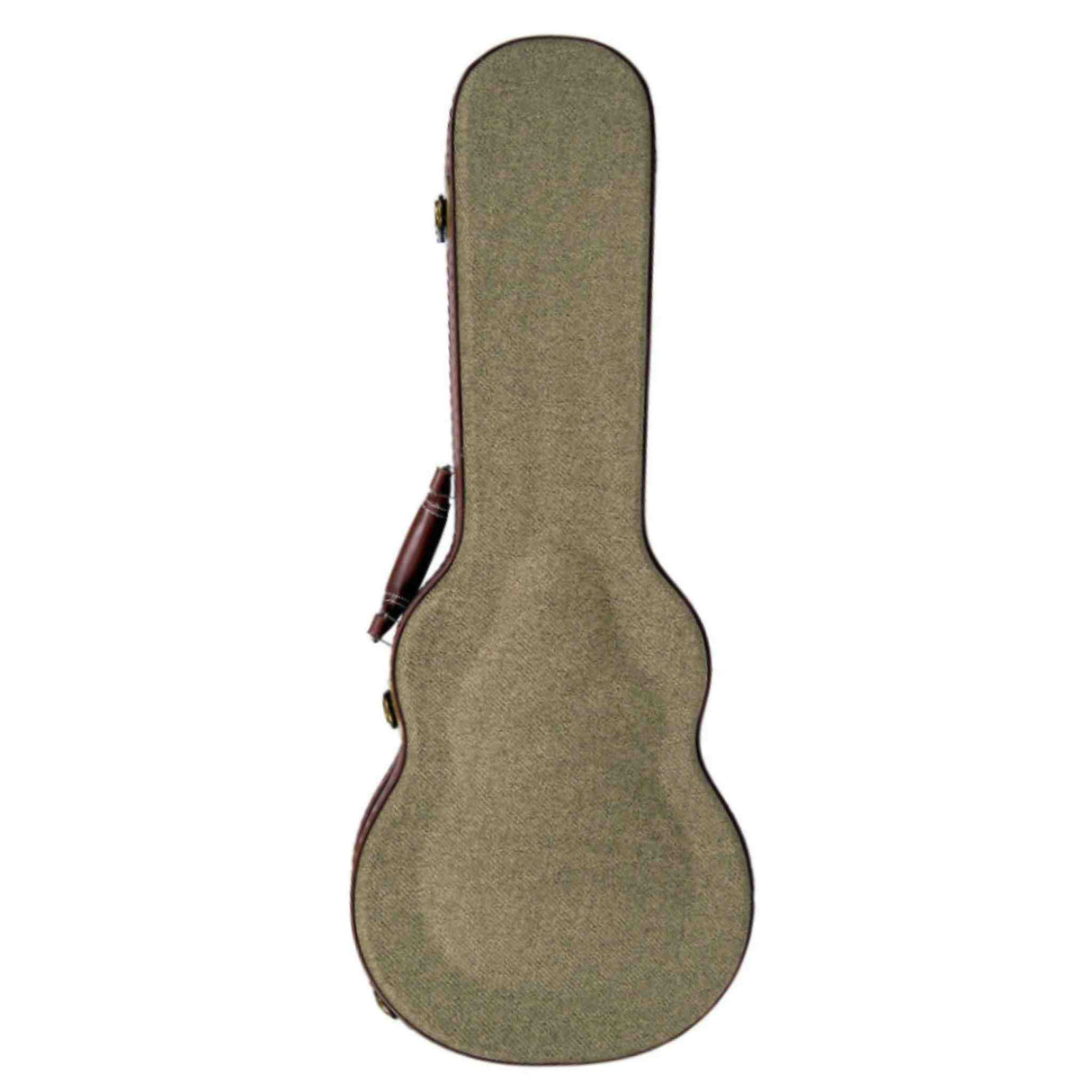 The image shows a hard shell guitar case with a green/olive textured exterior, brown leather-like trim, a side carrying handle, and metal latches. The case has a guitar-shaped silhouette with a curved body and elongated neck section, designed to protect and transport a guitar. This durable case offers superior protection compared to soft gig bags, making it ideal for musicians seeking to safeguard their instruments from damage.