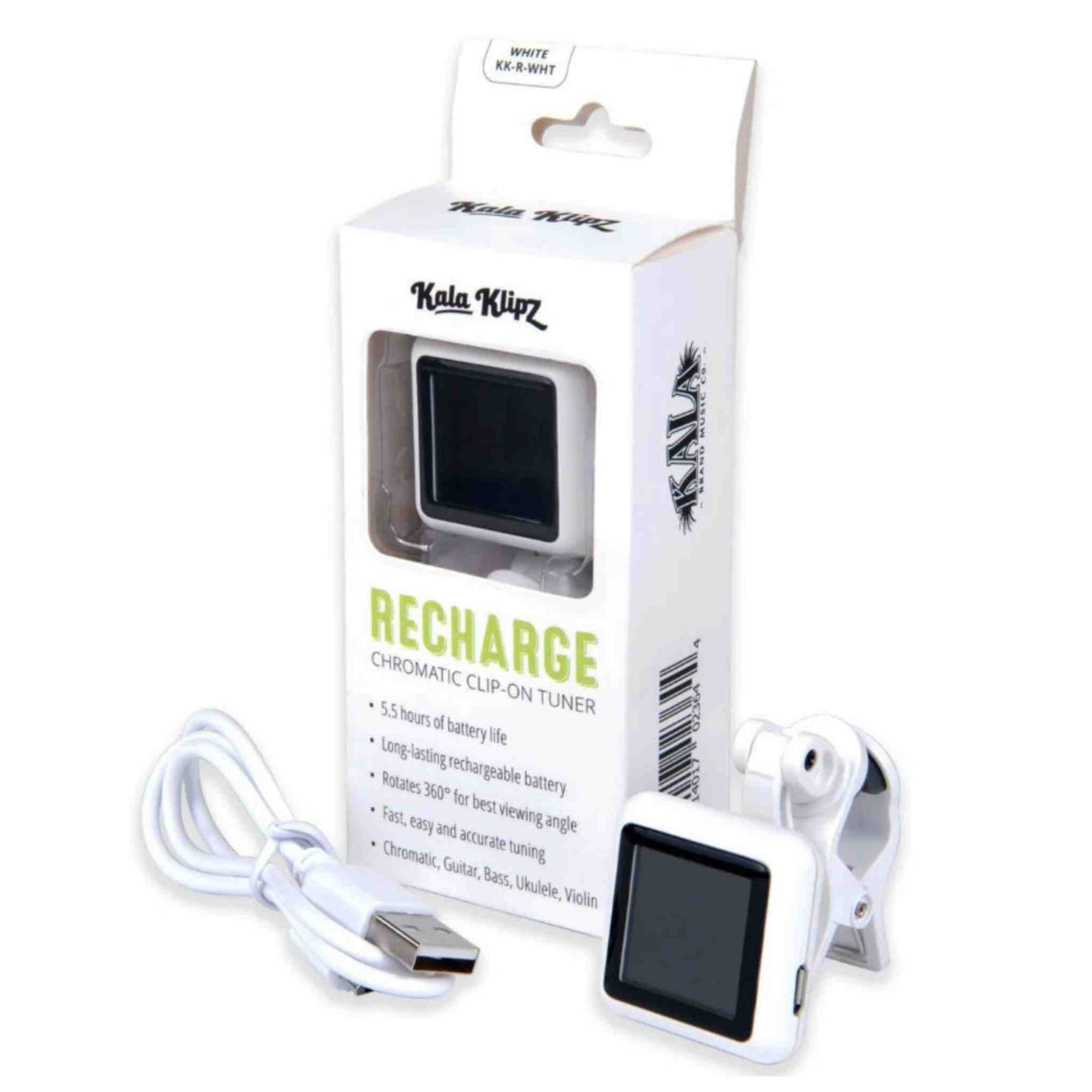 The image shows a Kala Klipz Recharge Chromatic Clip-On Tuner in white, featuring a rechargeable battery with 5.5 hours of life, a 360° rotating display, and a clip-on design for instrument headstocks. It supports chromatic tuning for guitar, bass, ukulele, and violin, includes a USB charging cable, and has a compact digital black screen display.