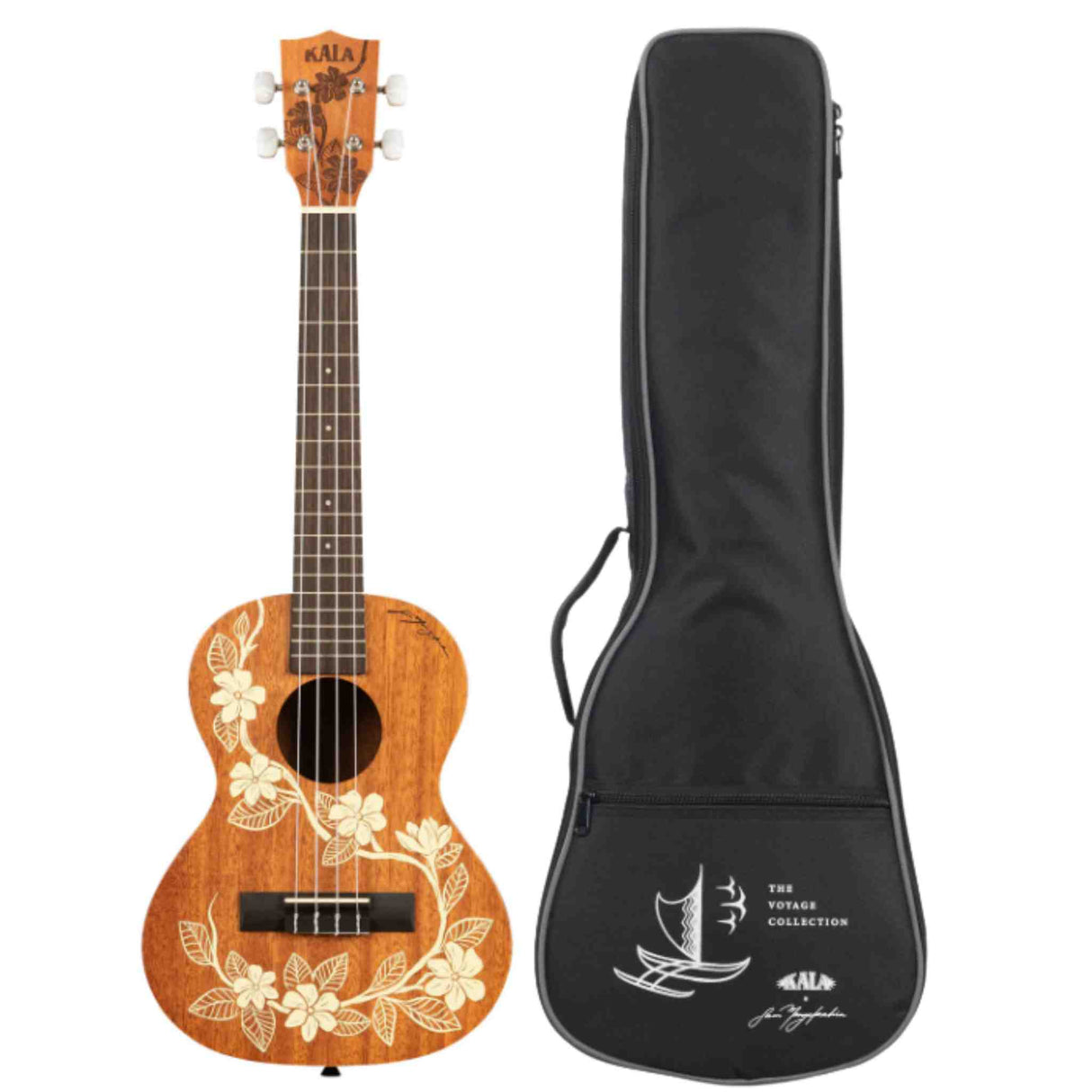 The image shows a Kala ukulele with a natural wood body featuring a white hibiscus floral design, four strings, chrome tuning pegs, a dark fretboard, and the "KALA" logo on the headstock. Next to it is a black soft case from the "Voyage Collection" with the Kala logo, sailing ship graphic, and carrying handle, reflecting a Hawaiian and nautical theme.