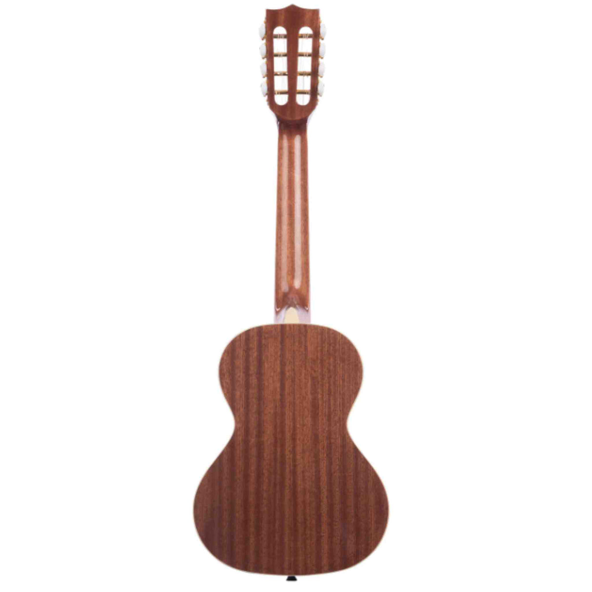 The image shows the back of a classical guitar featuring a slotted headstock, traditional figure-8 body shape, and warm-toned wood with visible grain, likely mahogany. It has a typical neck heel joint and a natural wood finish that highlights the grain. The design and construction suggest it is a well-crafted classical guitar suitable for classical, flamenco, or fingerstyle playing.