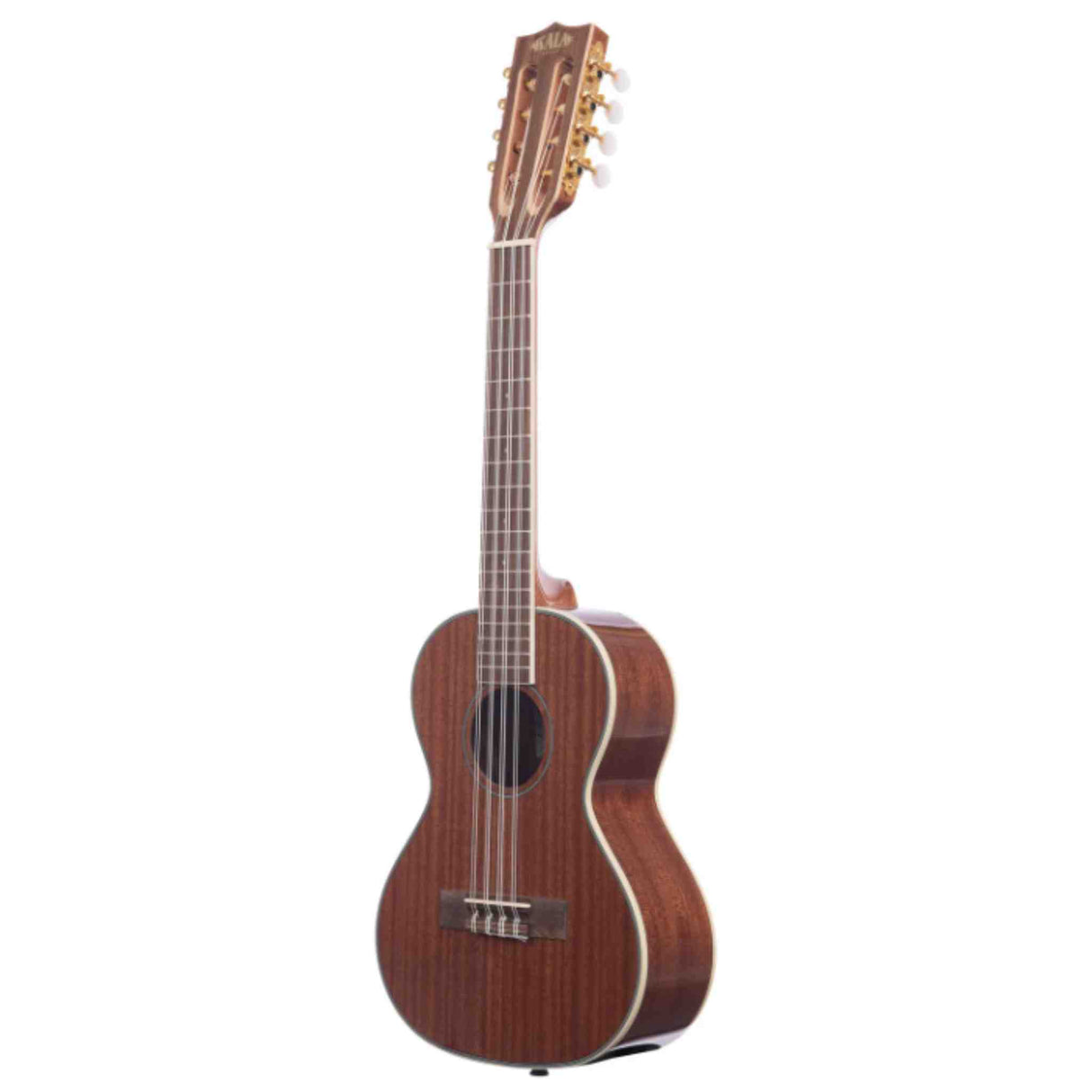 The image shows a wooden ukulele with a warm brown finish and visible grain. It features four strings, traditional tuning pegs, light-colored binding, a dark bridge, and a fretted neck with position markers. Its size suggests a concert or tenor model. The instrument rests against a white background, likely for a product photo, highlighting its quality craftsmanship.