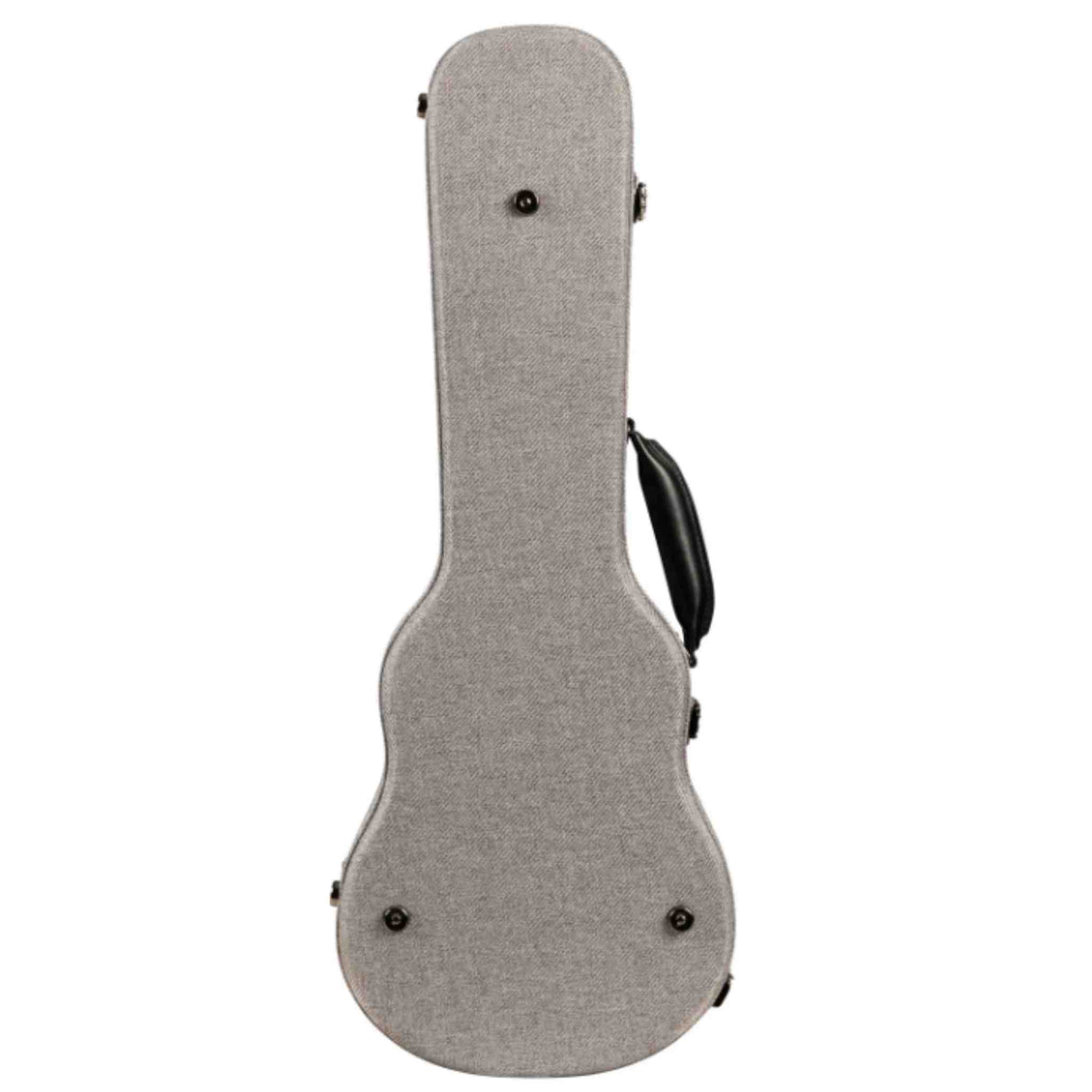 The image shows a hard shell guitar case with a light gray, textured exterior designed for an acoustic or classical guitar. It features multiple metal latches, a black side handle, rounded edges, and a durable construction for superior protection. This professional-looking case offers secure transport and weather resistance, making it ideal for both amateur and professional guitarists.