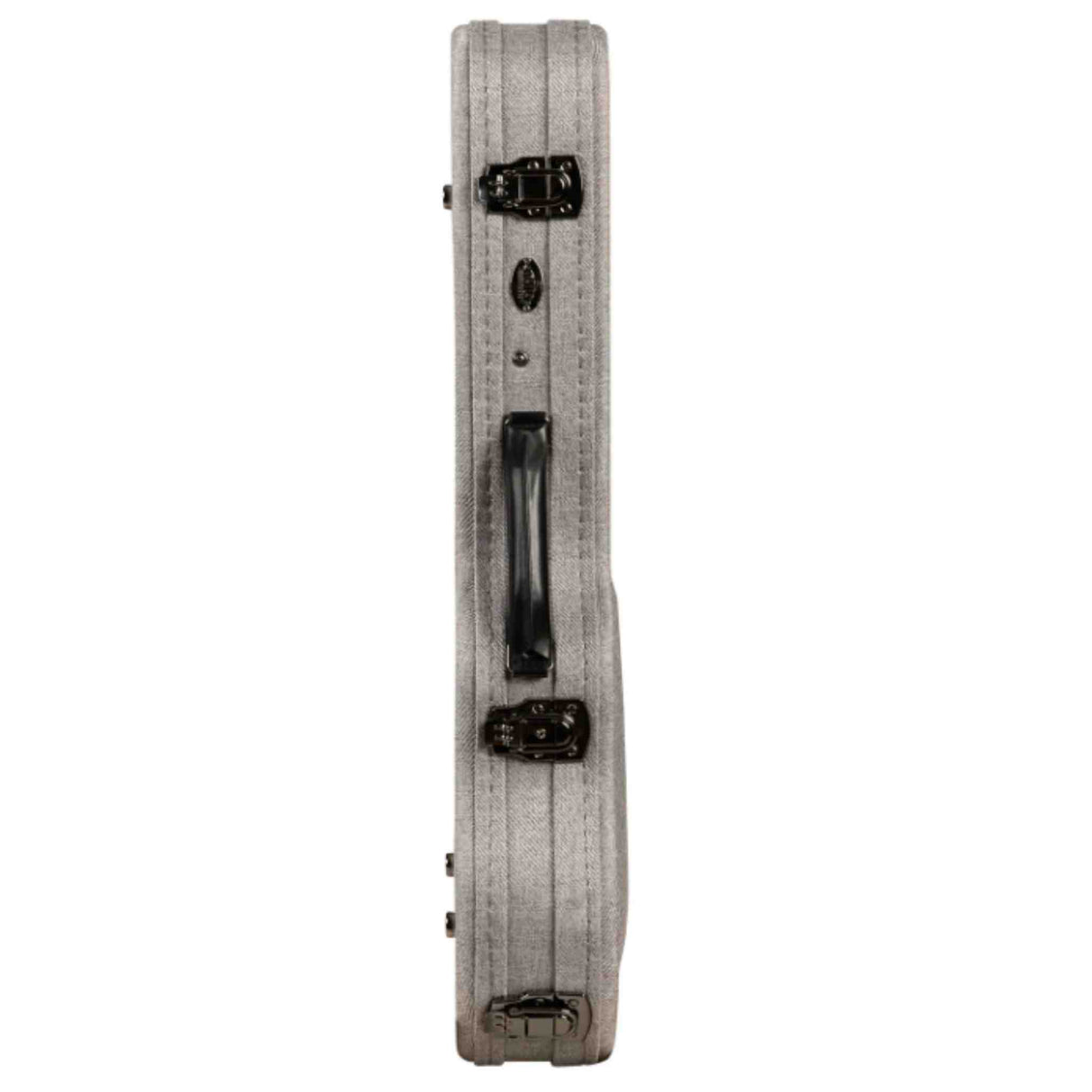 The image shows a hard, light gray or silver textured case for a stringed instrument, likely a violin or viola. It features black metal latches and hardware, with a black side handle for carrying. The elongated rectangular shape and sturdy construction suggest it is a protective case designed to safely transport and store valuable bowed string instruments. Only the exterior is visible.