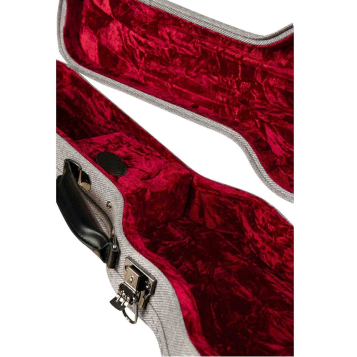 The image shows the interior of an empty guitar case with a plush deep red velvet lining and a white, textured hard shell exterior. It features metal latches and custom compartments designed to securely hold and protect a guitar. The contrast between the luxurious interior and durable exterior highlights the premium quality and protective cushioning typical of high-end instrument cases.