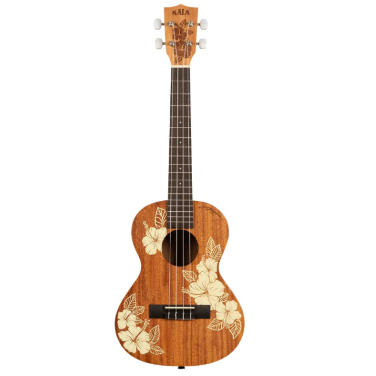 The image shows a Kala ukulele with a classic body shape and four strings. It has a natural mahogany finish, white tuning pegs, a dark fretboard with position markers, and a central sound hole. The body features decorative hibiscus flower and leaf designs for a tropical Hawaiian look. The headstock displays the "KALA" logo. A black rectangular pickup near the sound hole indicates it is an acoustic-electric model.