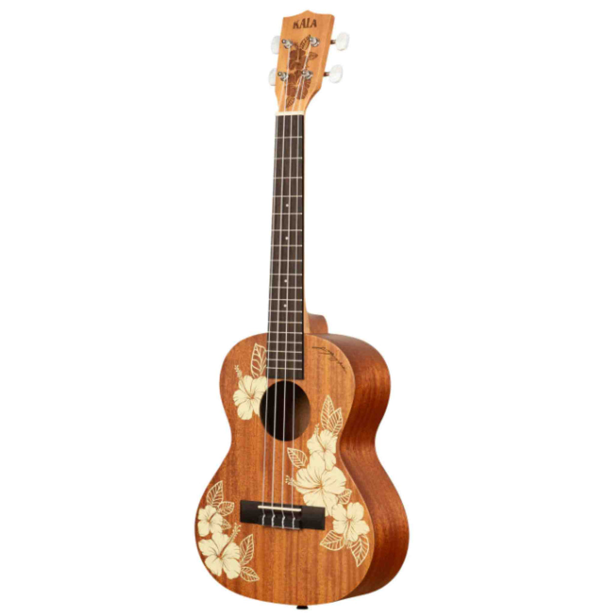 The image shows a wooden ukulele with a warm brown finish and decorative hibiscus flower inlays, giving it a Hawaiian look. It has four strings, white tuning pegs, a dark fretboard, and a traditional figure-8 body shape with a central sound hole. The headstock displays the "KALA" brand. The ukulele appears to be concert or tenor size and likely a mid-range to higher-end model.