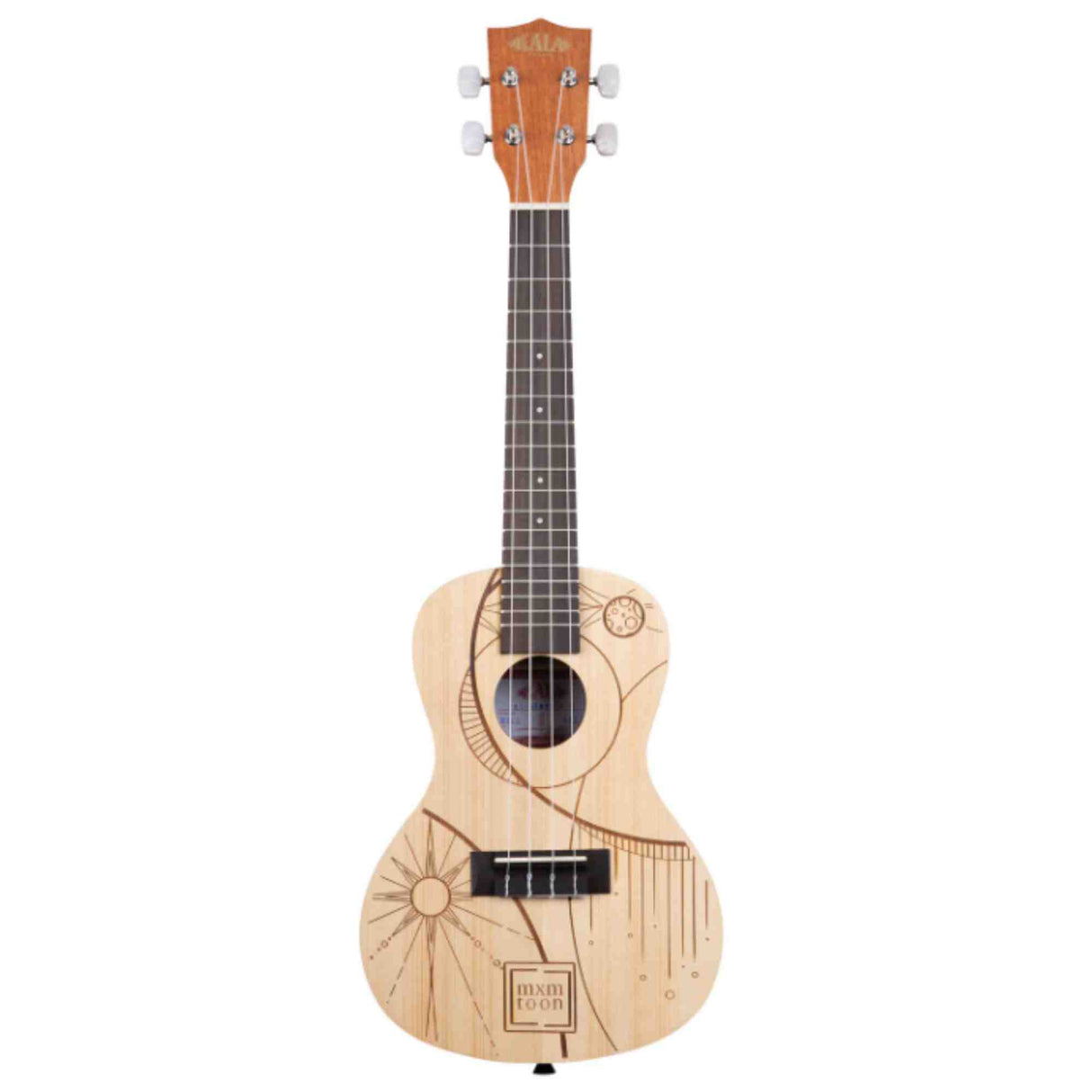 The image shows a beautiful ukulele with a light natural wood finish and four strings on a dark fretboard. It features chrome tuning pegs, a traditional body shape, and a sound hole. The body is decorated with engraved celestial designs, including sun and moon motifs, geometric patterns, and a "dixie pop" logo. The instrument combines artistic wood-burning with professional-quality construction for a unique, bohemian look.