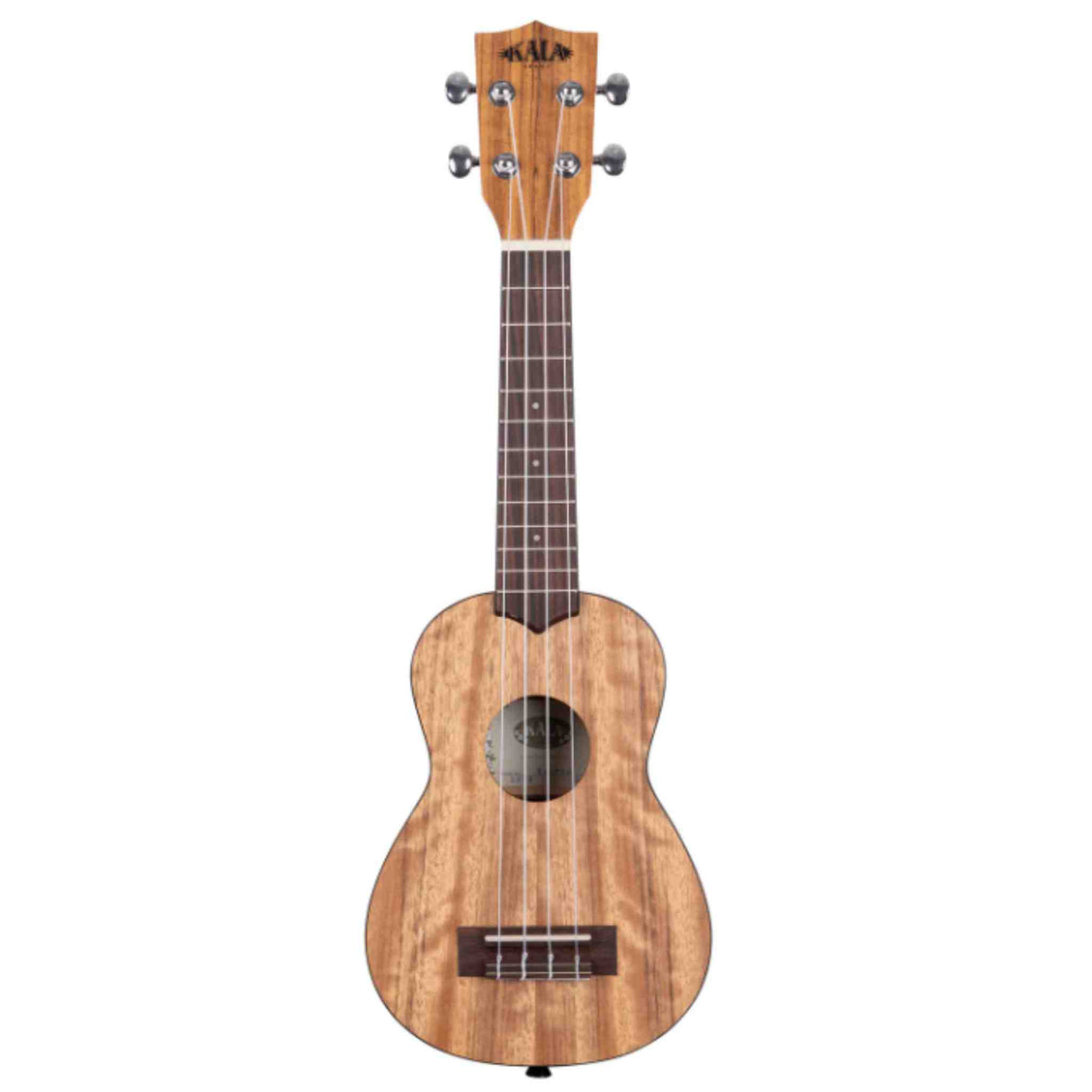 The image shows a soprano ukulele by Kala with a natural wood finish and visible grain. It features a traditional figure-8 body, dark wood fretboard, four strings, chrome tuning pegs, a dark bridge and nut, and a circular sound hole. Kala is known for quality ukuleles. This small, 21-inch instrument is popular for its bright, warm tone and ease of play, especially among beginners.
