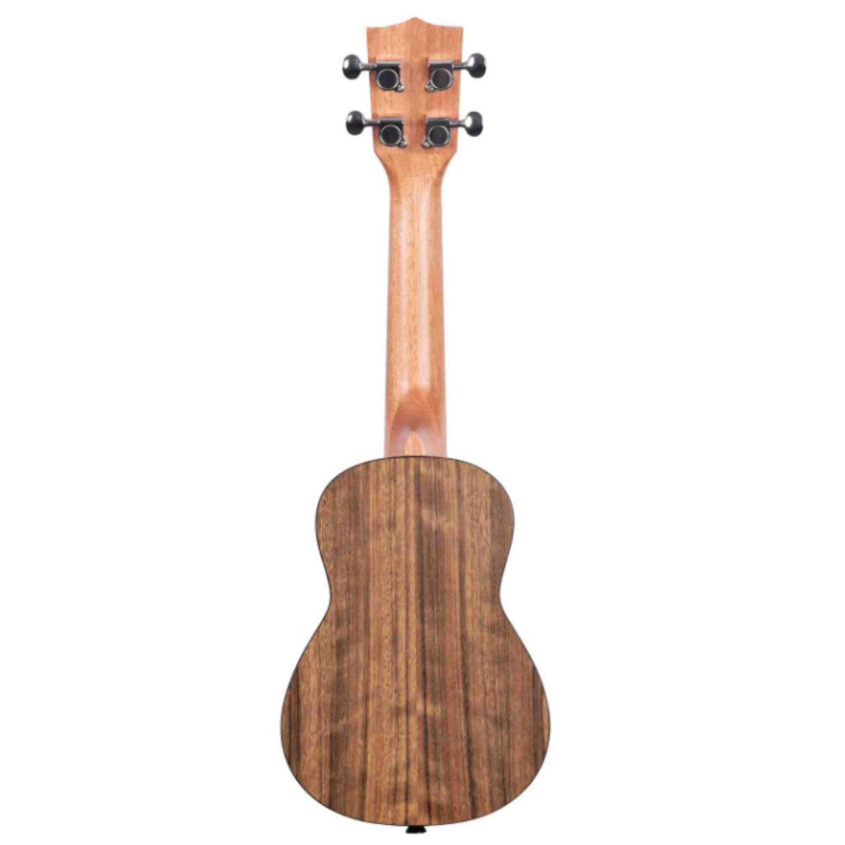 The image shows a natural wood ukulele with a traditional figure-8 body shape and visible wood grain. It has four black tuning pegs on the headstock, which is made from a slightly different wood. Likely a concert or tenor size, the instrument features a clean, classic design typical of acoustic ukuleles, suitable for beginners and experienced players.