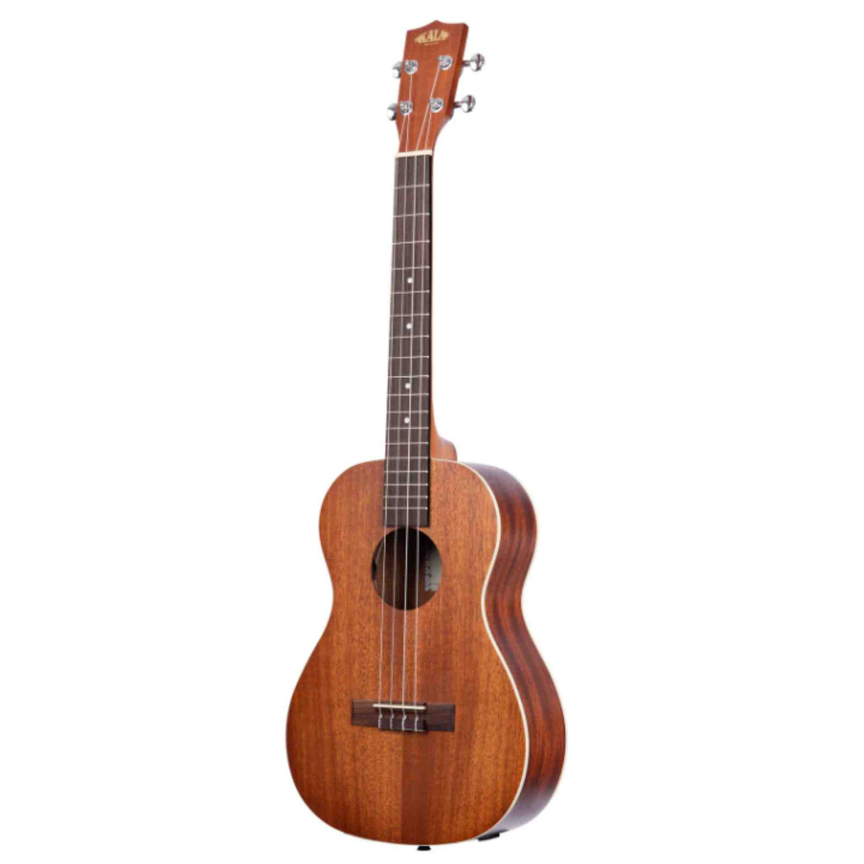 The image shows a beautiful tenor or concert ukulele with a warm-toned wooden body, likely mahogany, and a natural finish. It features a traditional figure-8 shape, central sound hole, four geared tuning pegs, a dark fretboard with white markers, and four strings. The headstock displays a partially visible logo. The instrument’s clean craftsmanship and quality materials suggest it is a mid- to high-end model.