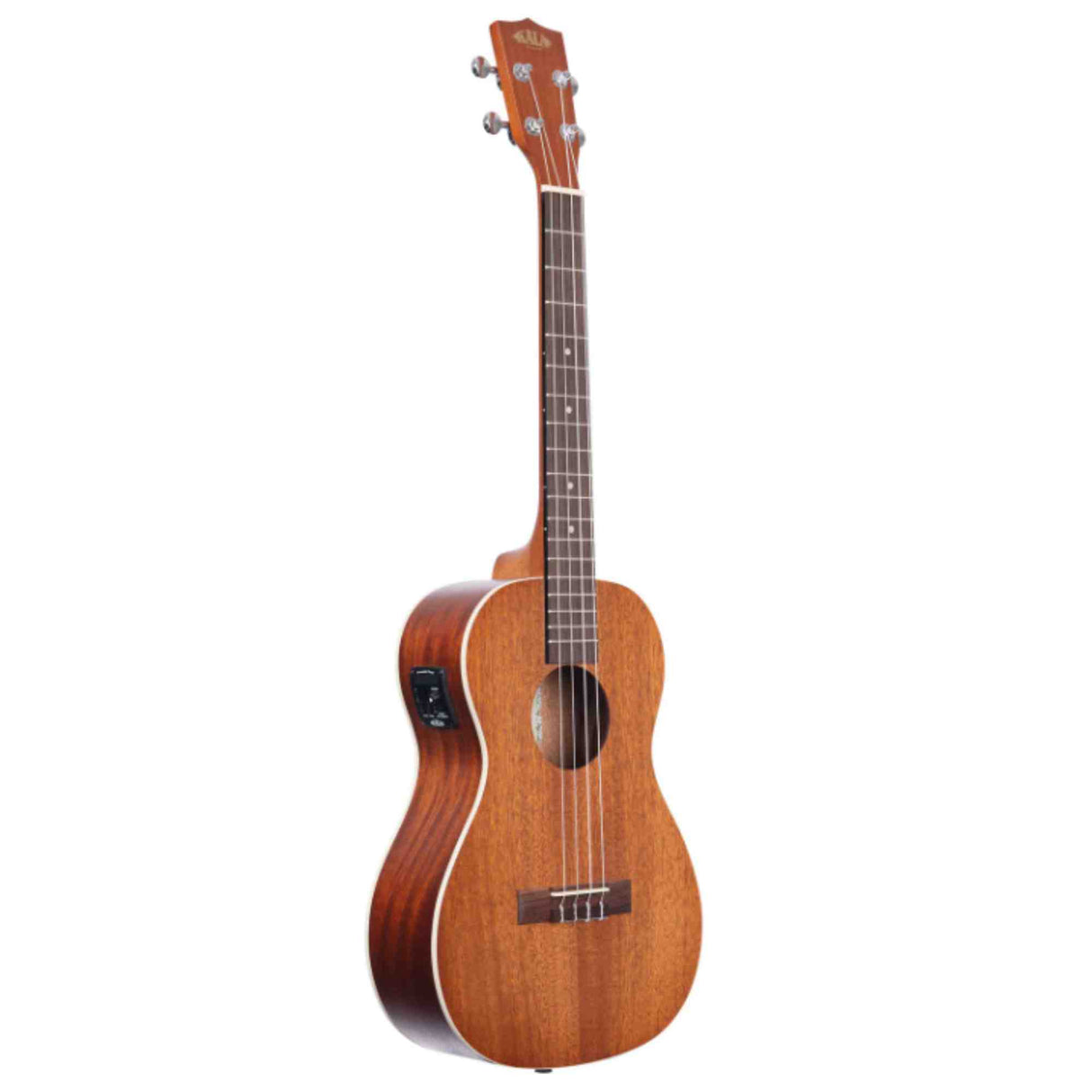 The image shows a tenor or concert-sized ukulele with a warm wood finish, likely mahogany, and a traditional figure-8 shape. It has a darker fingerboard, chrome tuning pegs, white binding, and fret markers. This acoustic-electric model features a side pickup for amplification. A brand logo is visible on the headstock but unclear. The instrument combines classic ukulele sound with electronic versatility.
