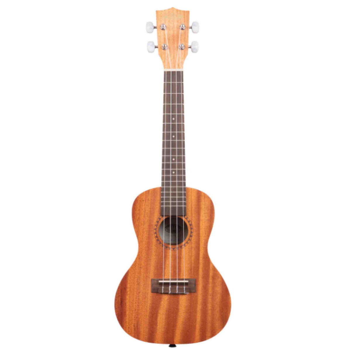 The image shows a wooden ukulele with a natural, warm-toned finish highlighting the wood grain. It features a classic figure-8 body, four strings, chrome tuning pegs, a dark fretboard with markers, a traditional bridge, and a central sound hole with a decorative rosette. The size suggests a concert or tenor model, with a clean, professional look suitable for various music styles.