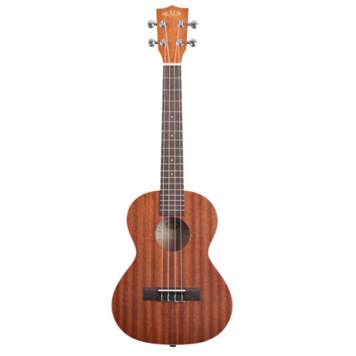 The image shows a wooden ukulele with a natural mahogany finish, featuring a classic figure-8 body shape, four strings, and four tuning pegs. It has a dark fretboard with fret markers, a central sound hole, and a bridge at the bottom. The headstock displays the brand name "KALA." This concert or tenor-sized acoustic ukulele is photographed against a white background, likely for retail or catalog display.