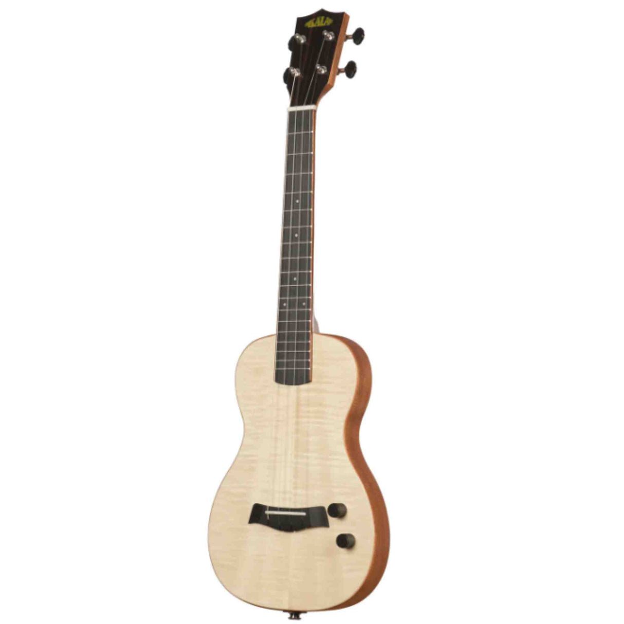 The image shows a concert or tenor-sized ukulele with a light natural wood body, dark wood binding, and a dark fretboard with white dot markers. It has four tuning pegs, a headstock logo, and built-in electronics with control knobs, indicating it is an acoustic-electric model designed for amplified performance. The photo has a clean, professional look, likely for retail or catalog use.