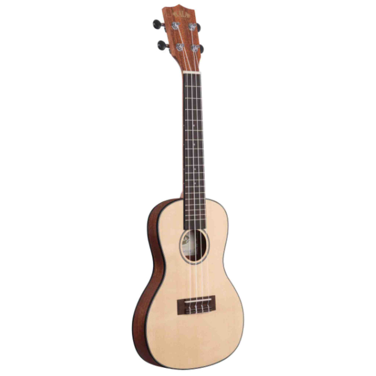 The image shows a ukulele with a small, compact body and natural light wood finish, likely spruce or cedar, with darker binding. It has a round sound hole, four strings, four tuning pegs, a fretted neck with markers, and "Kala" branding on the headstock. The instrument appears to be a concert or tenor size, suitable for beginners and experienced players, known for its bright, cheerful sound.