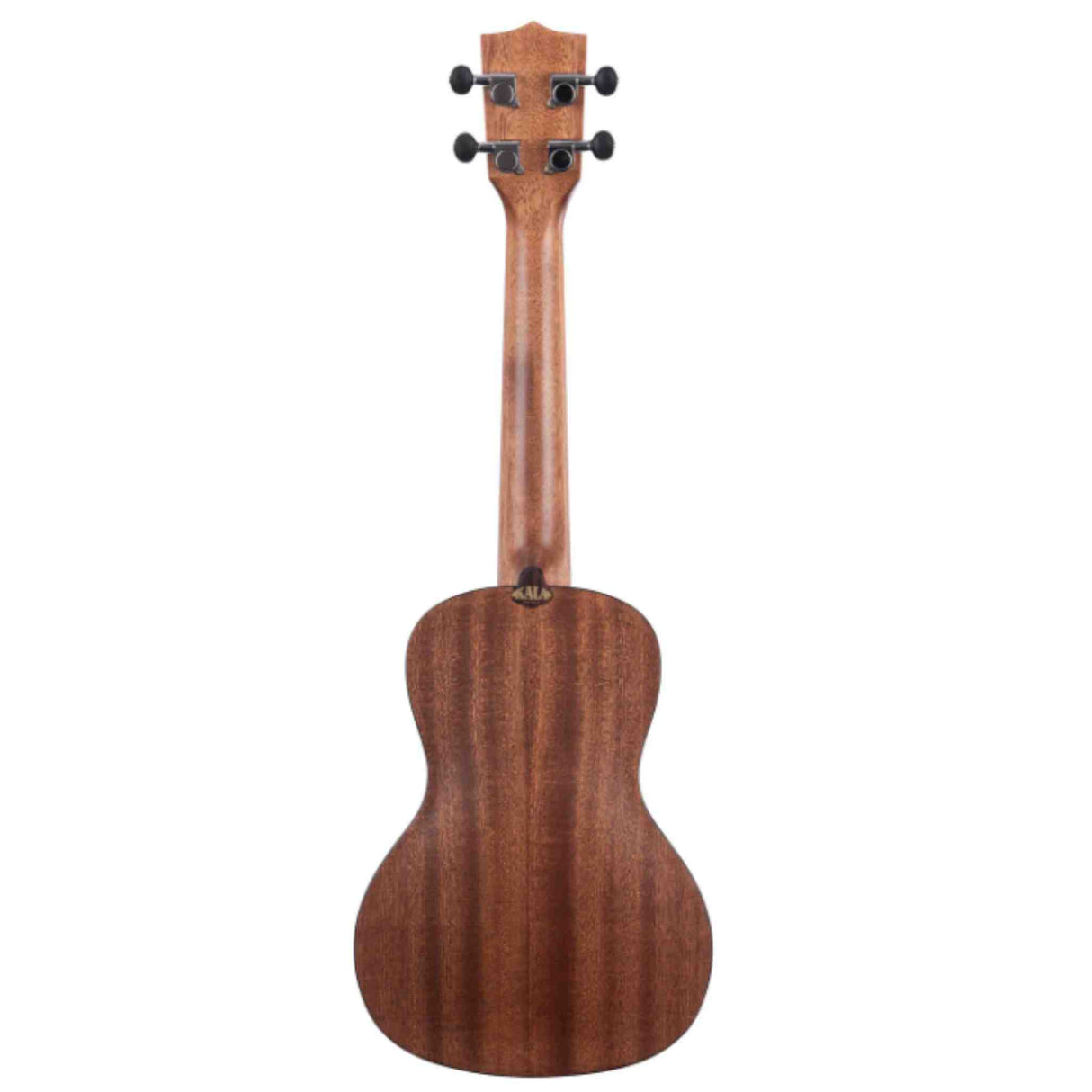 The image shows the back of a wooden ukulele with a warm brown finish and visible grain. It features a 2x2 black tuner headstock, a slender neck, and the small figure-8 shaped body typical of soprano or concert ukuleles. A small label is visible on the body. This four-stringed Hawaiian instrument is smaller than a guitar, usually tuned G-C-E-A, and appears to be an entry to mid-level model.