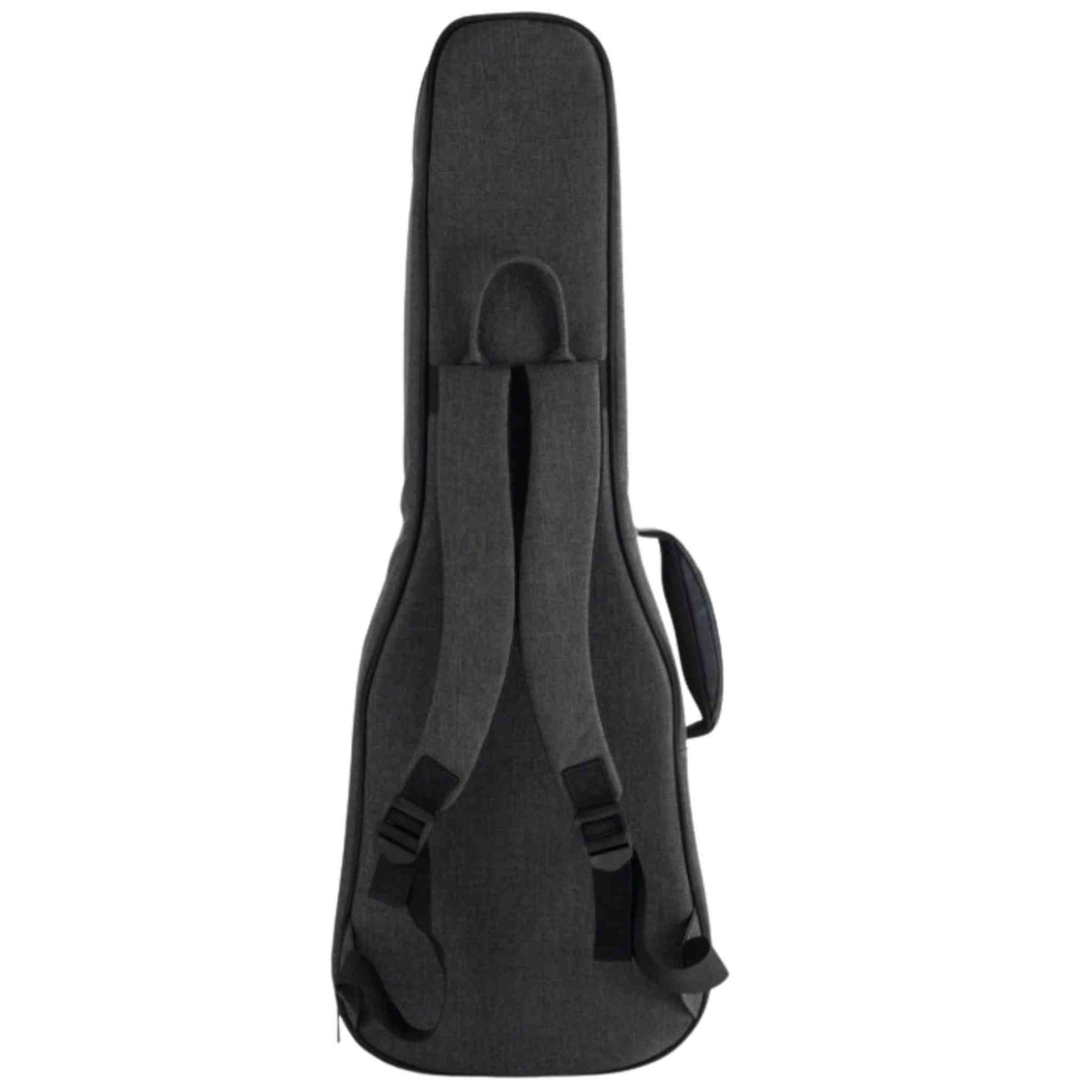 The image shows a black padded guitar gig bag with a sleek, elongated shape matching a guitar’s silhouette. It has backpack-style straps, a top carry handle, and a front pocket for accessories. Made from durable fabric, this soft case offers lightweight protection for transporting electric or acoustic guitars safely during gigs, lessons, or practice.