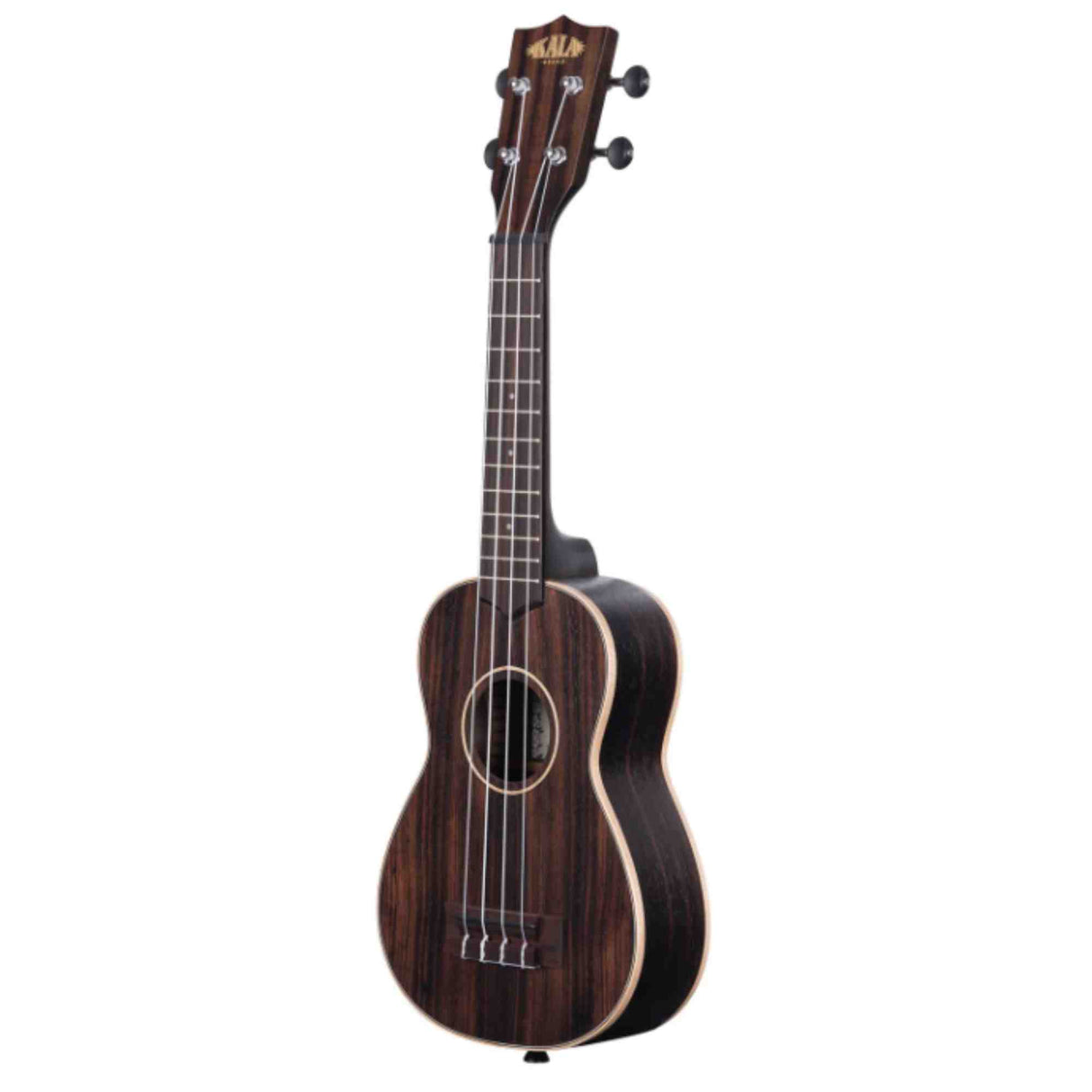 The image shows a dark wood ukulele with four strings, chrome tuning pegs, a central sound hole, and frets along the neck. It has a visible brand logo on the headstock and exhibits a traditional design with rich wood grain. The instrument is photographed against a white background, highlighting its quality craftsmanship. Ukuleles are known for their bright, cheerful sound and are popular in Hawaiian and folk music.