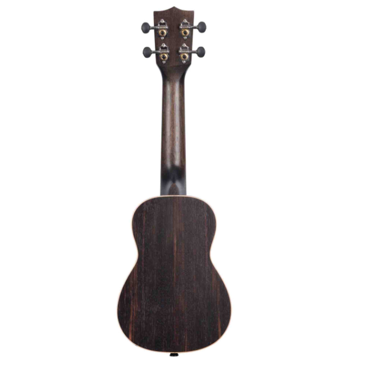 The image shows the back of a ukulele with a classic small, guitar-like body. It features a dark wood finish with visible grain, four tuning pegs on the headstock, and a figure-8 shape typical of concert or tenor ukuleles. The wood has a natural matte finish, highlighting the solid craftsmanship of this popular string instrument known for its bright, cheerful sound.
