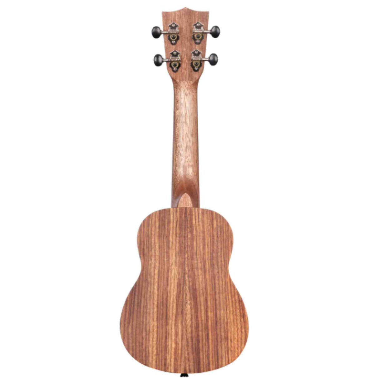 The image shows the back of a ukulele with a natural wood finish and visible grain patterns. It features four metal tuning pegs on the headstock and a traditional compact body shape, likely concert or tenor size. The instrument appears well-crafted with solid wood construction and high-quality tuning machines, suggesting it is made from a tonewood such as mahogany or koa.