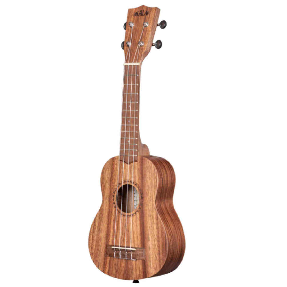 The image shows a wooden ukulele with four strings, a compact figure-8 body, and a central sound hole. It features a fretted neck with position markers, a wooden headstock with four tuning pegs, and a natural wood finish highlighting the grain. The brand name is partially visible on the headstock. This traditional Hawaiian instrument is likely a soprano or concert ukulele, designed for quality acoustic play.