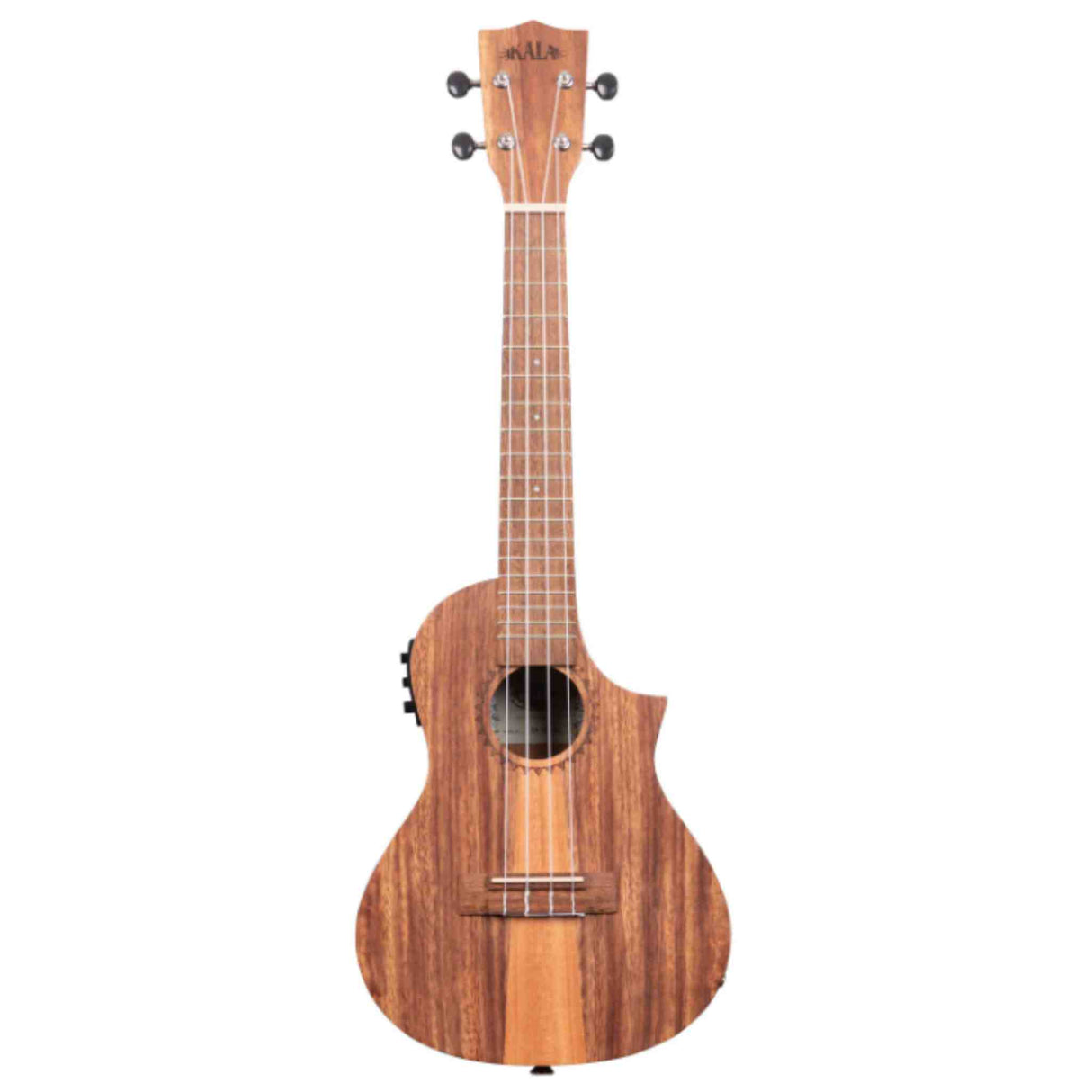 The image shows a Kala acoustic-electric ukulele, likely concert or tenor size, with a natural wood finish and cutaway body. It has four strings, tuning pegs, and position markers on the fretboard. The "KALA" logo is visible on the headstock. Side controls indicate built-in electronics for amplification. The design features a classic guitar-like shape with easy access to higher frets, suitable for both beginners and experienced players.