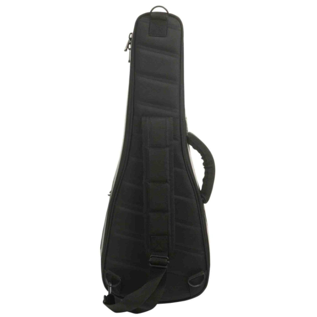 The image shows a black padded electric guitar gig bag with a quilted exterior, full-length zipper, padded shoulder strap, top handle, and an external front pocket for accessories. It features the typical elongated shape for electric guitars and offers lightweight, portable protection, making it ideal for transporting guitars during gigs, lessons, or practice sessions.
