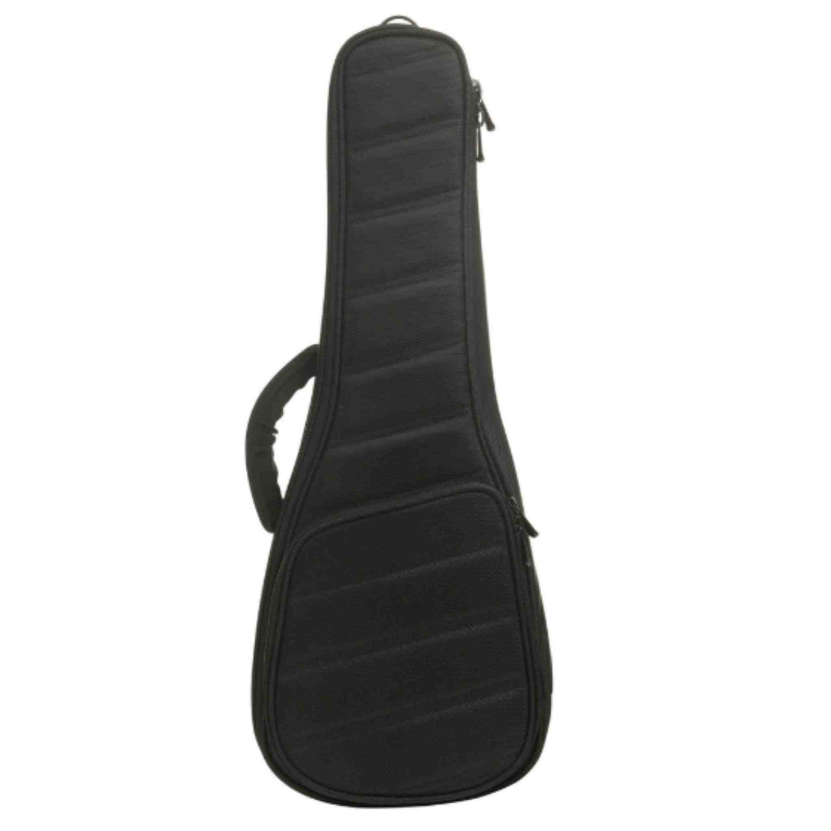 The image shows a black padded guitar gig bag with a quilted exterior, zippered closure, carrying handle, and adjustable shoulder straps. Its elongated shape fits a guitar’s body and neck. This lightweight, portable soft case offers protection against minor bumps and is suitable for acoustic, electric, or bass guitars. Some models include exterior pockets for accessories like picks and cables.