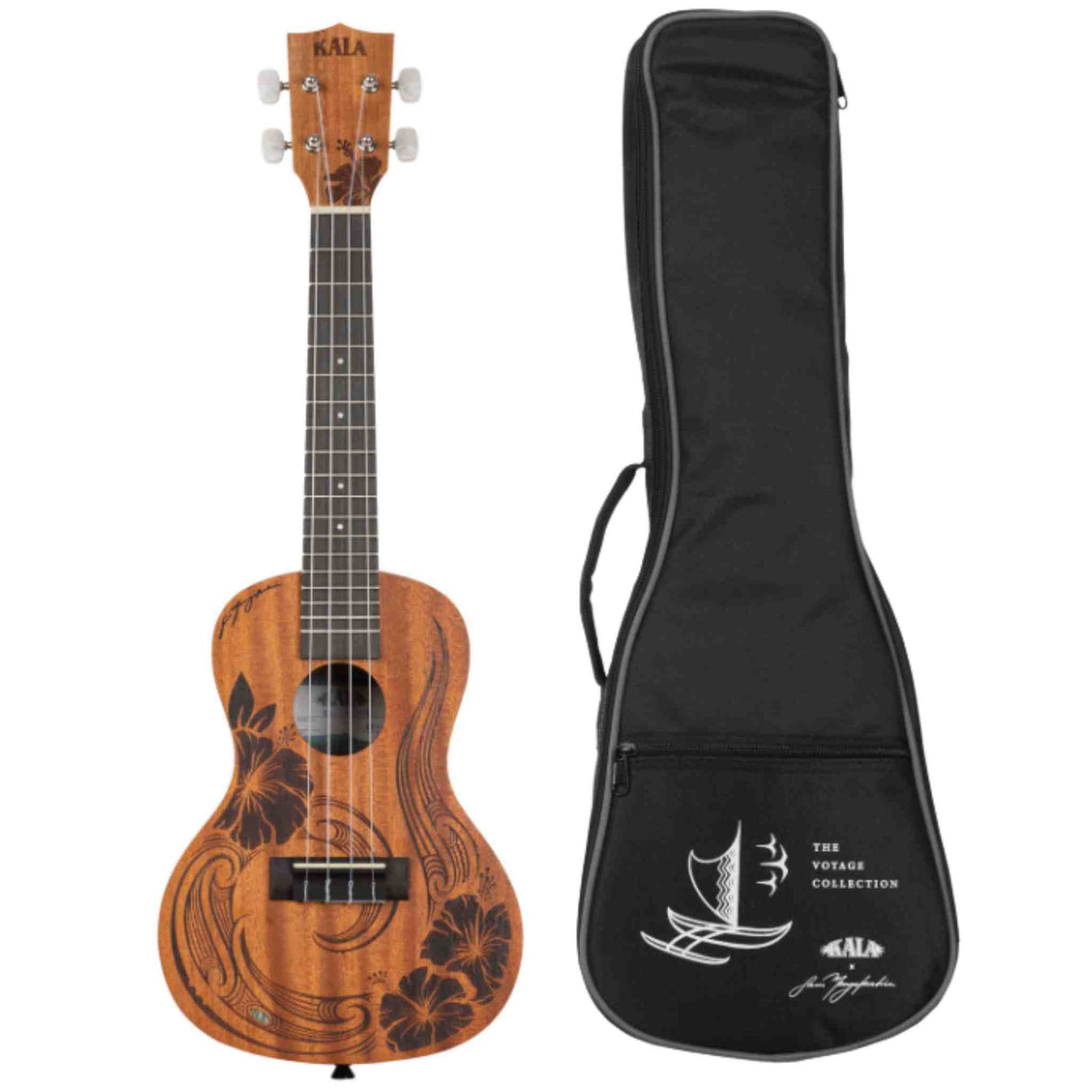 The image shows a KALA ukulele with a natural wood finish, decorated with dark hibiscus flowers and wave patterns. It has 4 strings, white tuning pegs, and a dark fretboard. Next to it is a black padded gig bag labeled "THE VOYAGE COLLECTION" with a sailing ship design, carrying handle, and shoulder strap attachments. This set reflects a Hawaiian/Polynesian-inspired theme from Kala’s special Voyage Collection.