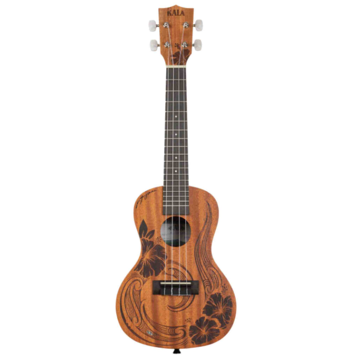 The image shows a beautiful Kala soprano or concert ukulele with a natural wood grain finish. It features a tropical hibiscus and wave design on the soundboard, four nylon strings, white tuning pegs, and a dark fretboard with position markers. The instrument combines classic Hawaiian-inspired aesthetics with functional construction, making it visually appealing and playable.