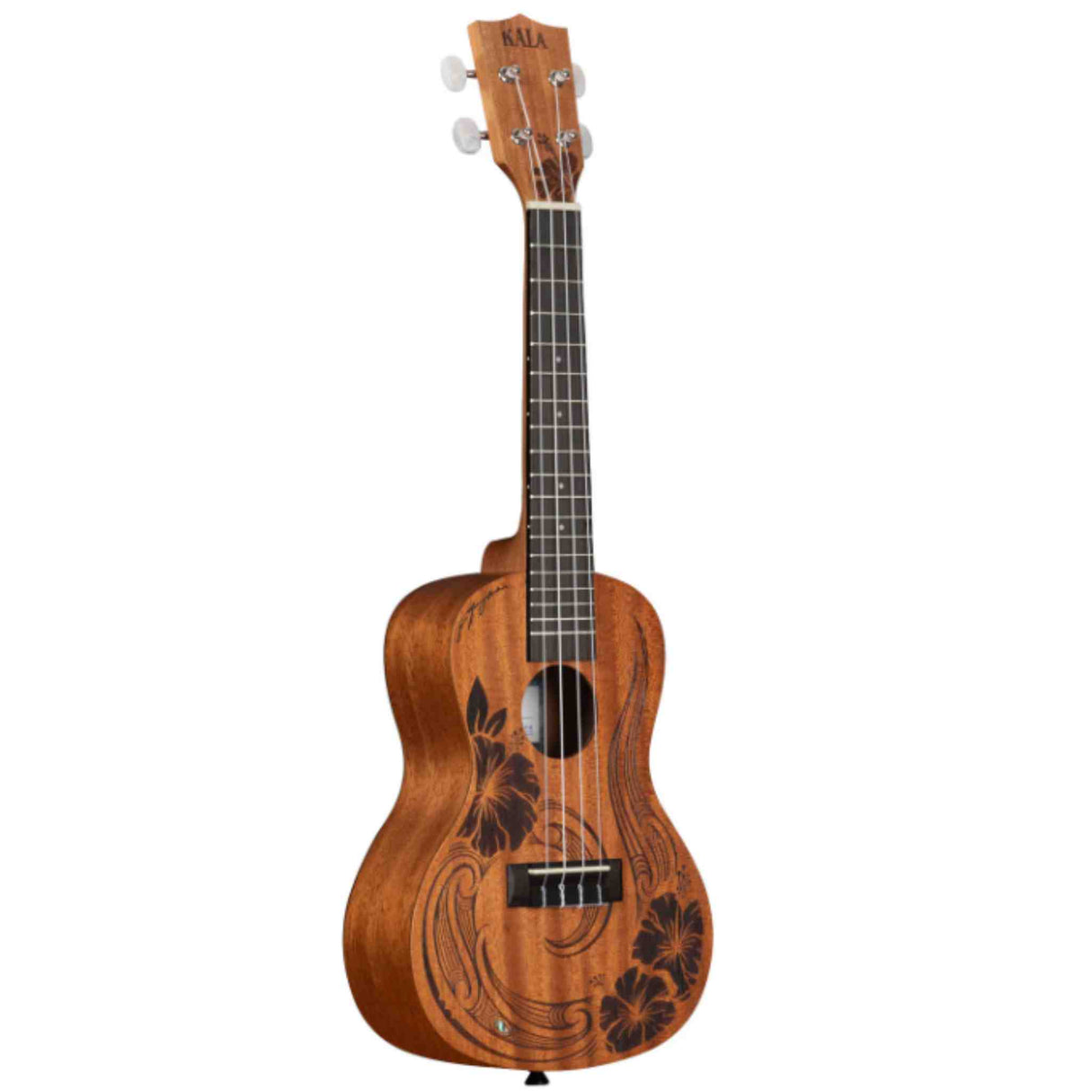 The image shows a beautiful KALA ukulele with a natural wood finish and decorative hibiscus and vine floral designs, giving it a tropical Hawaiian look. It features four strings, chrome tuning pegs, a dark fretboard, a traditional figure-8 body, and a sound hole in the upper bout. Likely a concert or tenor size, this instrument blends functionality with striking artistry.