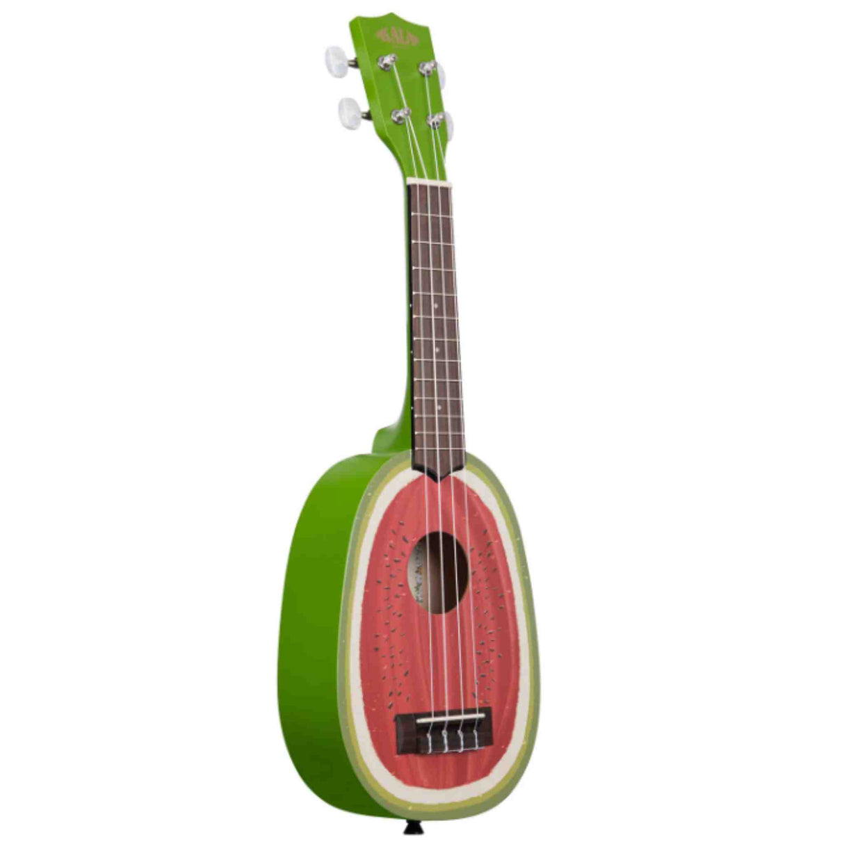 The image shows a novelty soprano ukulele designed to look like a watermelon slice. It features a body painted with a green rind, white layer, and pink flesh with black seeds, a traditional wooden neck and fretboard, four strings, standard tuning pegs, and a central sound hole. This playful instrument combines functionality with a fun, decorative design, popular as a gift or eye-catching performance piece.