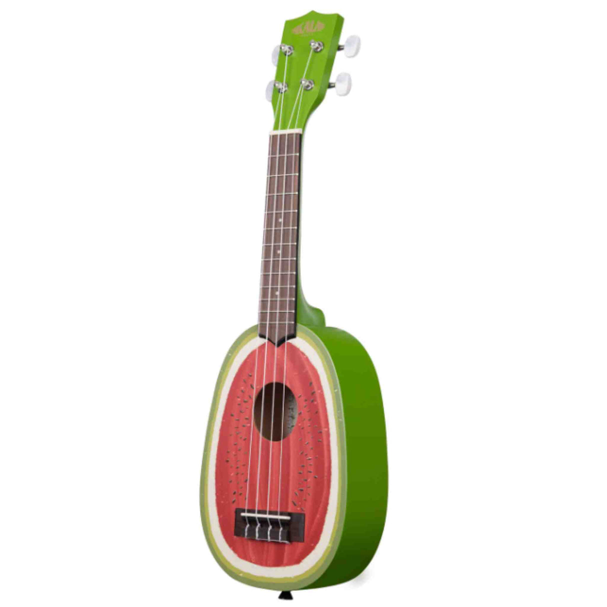 The image shows a novelty ukulele designed to resemble a watermelon slice, featuring an oval body with a bright green rind, white layer, and coral-pink flesh with black seed dots. It has four strings, tuning pegs, a dark wooden fretboard, and a bridge, likely concert or soprano size. This playful, fully functional instrument suits children’s music education, themed performances, gifts, and adds visual interest while producing a classic ukulele sound.