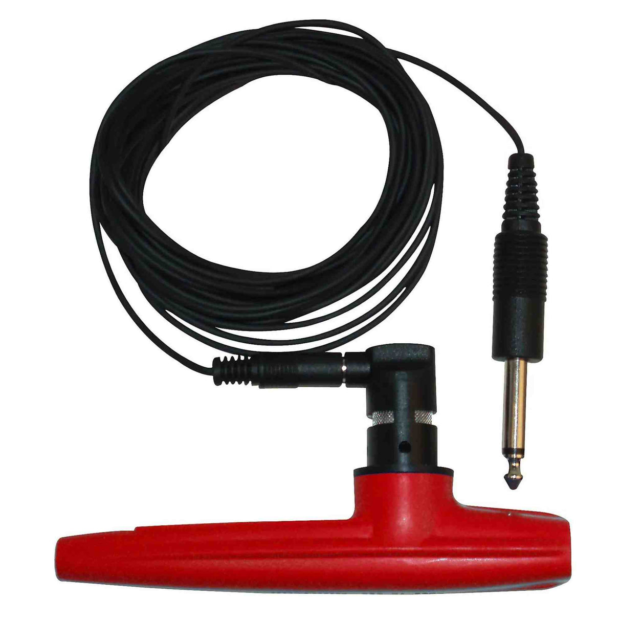 Red electric Kazoo with black cable and connector on a white background