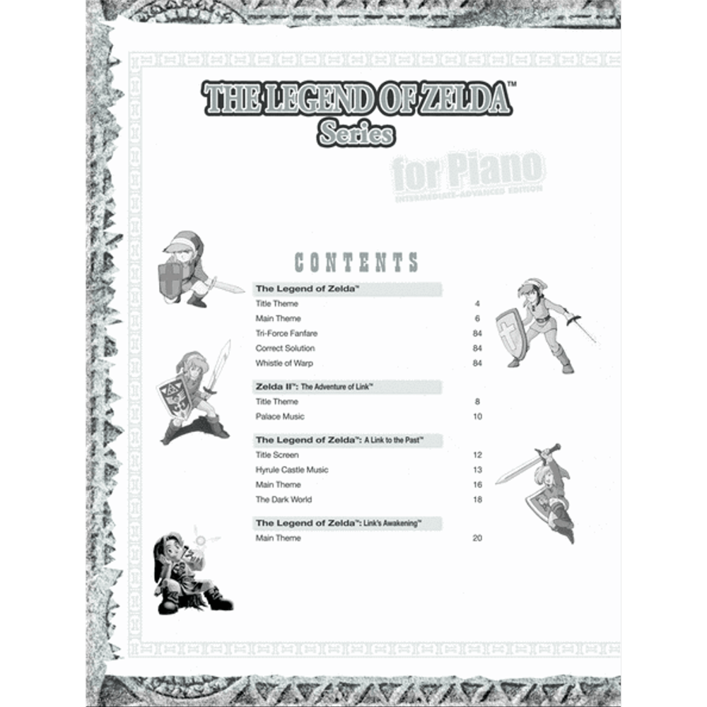 The image shows a sheet music book from "The Legend of Zelda" series, featuring piano arrangements of iconic themes from multiple games. The contents list pieces from The Legend of Zelda, Zelda II, A Link to the Past, and Link’s Awakening. It includes artwork of Link and other characters beside the track list, with page numbers for each song in this video game music collection.